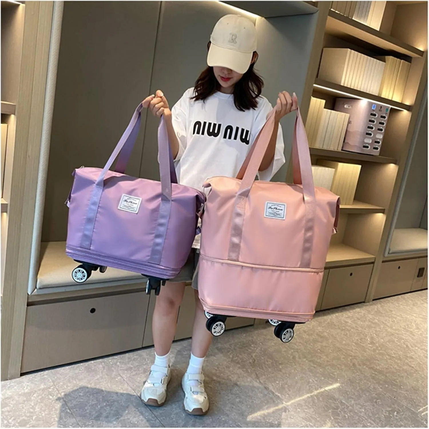 Beente Travel Bag With Wheels, 2025 New Large Capacity Travel Bag, Expandable Foldable Suitcase without Handle, Lightweight Durable Rolling Duffle Bag with Wheels (Purple)