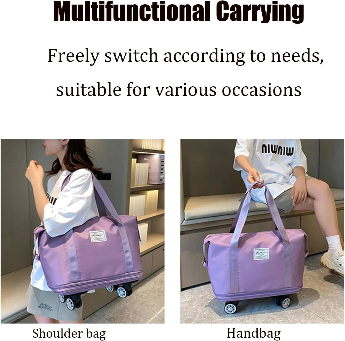 Beente Travel Bag With Wheels, 2025 New Large Capacity Travel Bag, Expandable Foldable Suitcase without Handle, Lightweight Durable Rolling Duffle Bag with Wheels (Purple)