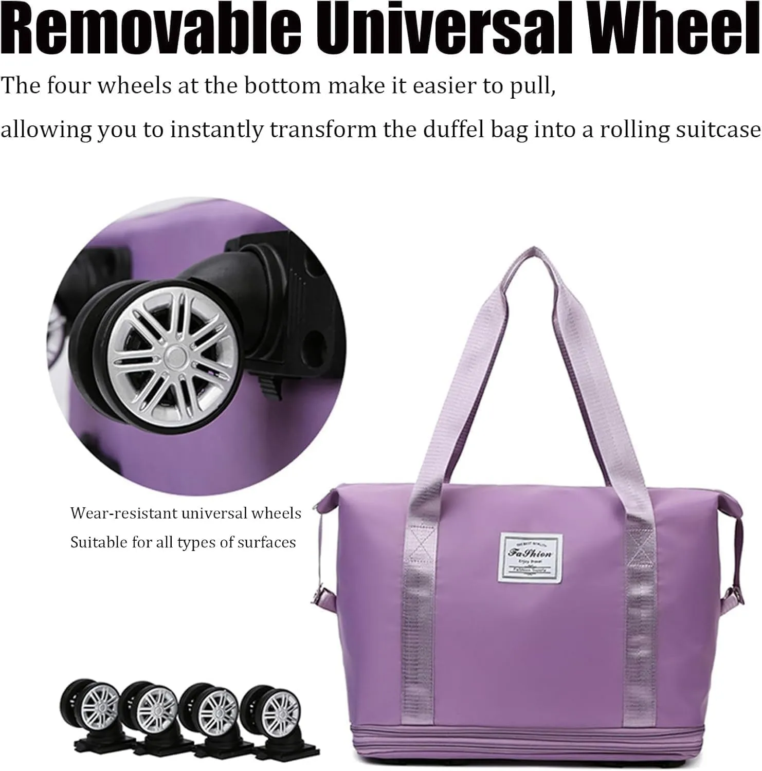 Beente Travel Bag With Wheels, 2025 New Large Capacity Travel Bag, Expandable Foldable Suitcase without Handle, Lightweight Durable Rolling Duffle Bag with Wheels (Purple)