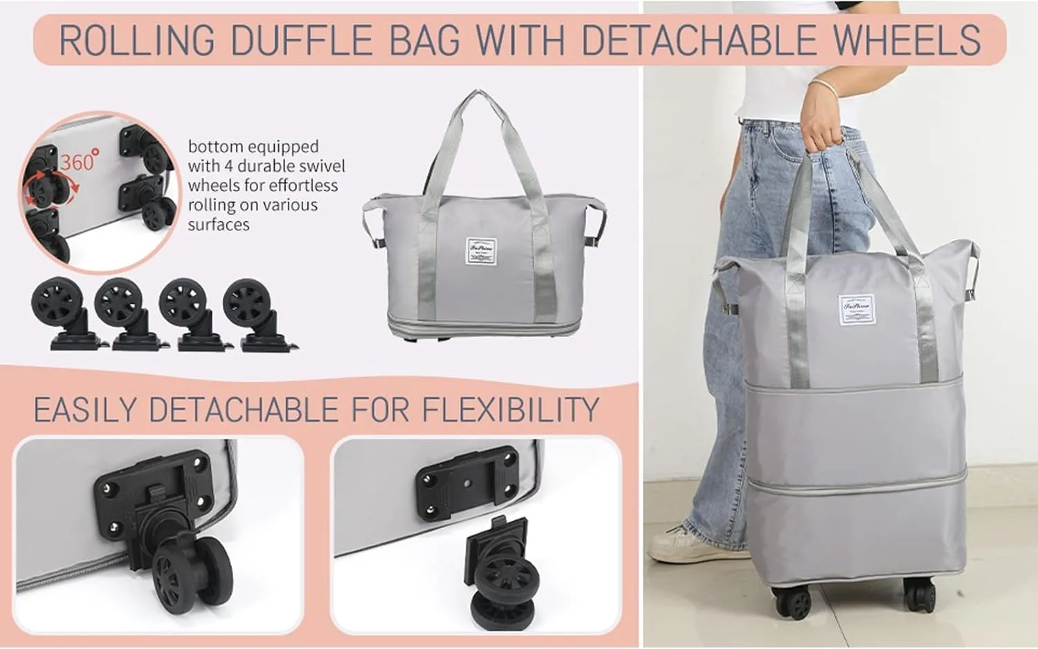 Beente Travel Bag With Wheels, 2025 New Large Capacity Travel Bag - Universal Wheel Removable, Expandable Foldable, Weekend Carry On Luggage Bag (Pink)
