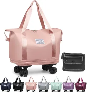 Beente Travel Bag With Wheels, 2025 New Large Capacity Travel Bag - Universal Wheel Removable, Expandable Foldable, Weekend Carry On Luggage Bag (Pink)