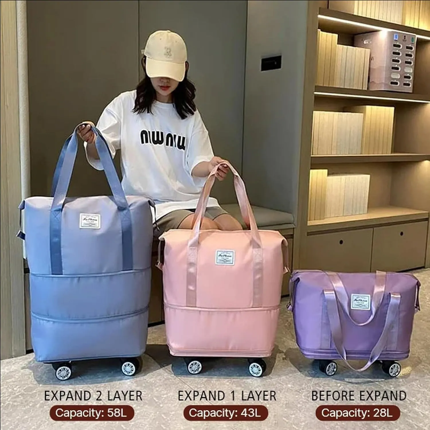 Beente Travel Bag With Wheels, 2025 New Large Capacity Travel Bag - Universal Wheel Removable, Expandable Foldable, Weekend Carry On Luggage Bag (Pink)