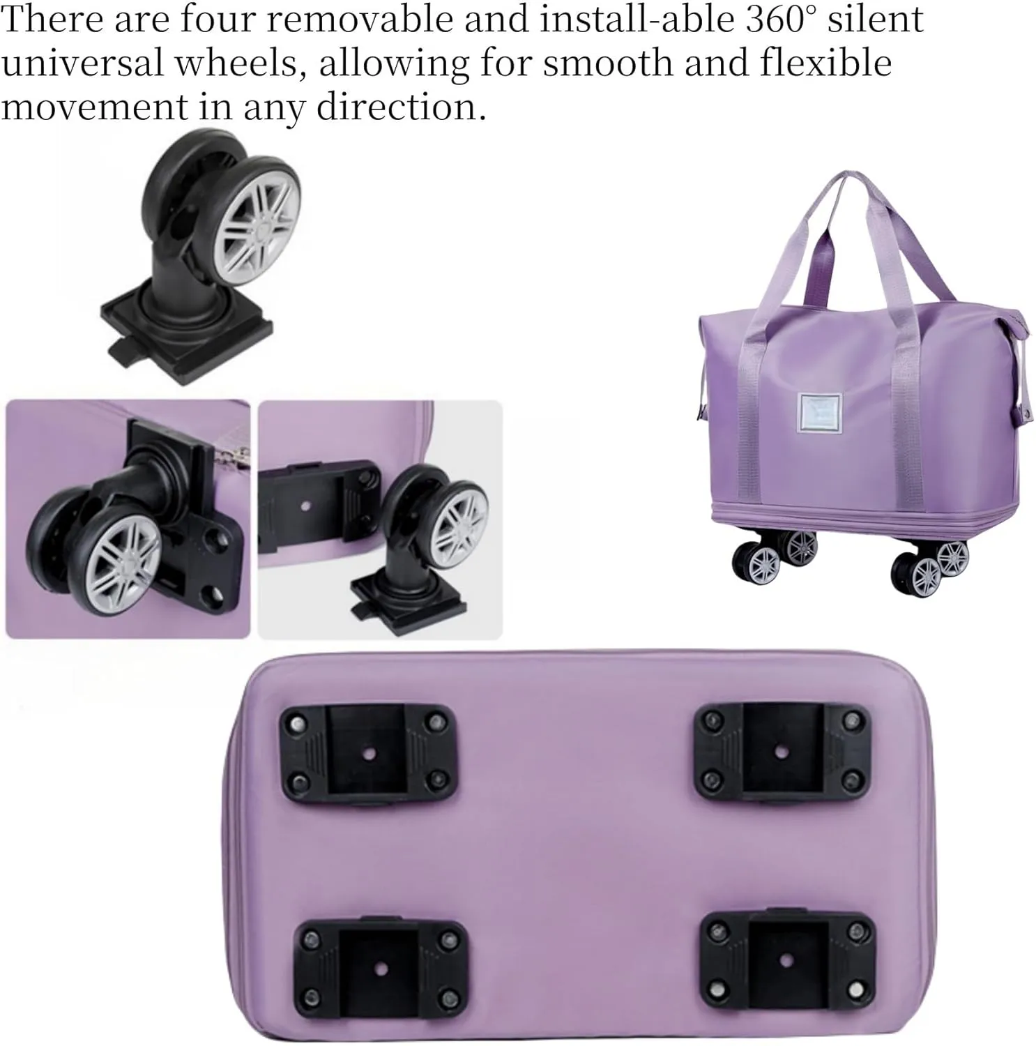 Beente Travel Bag With Wheels-2025 New Large Capacity Travel Bag-Universal Wheel Removable, Foldable Carry (Light Purple)