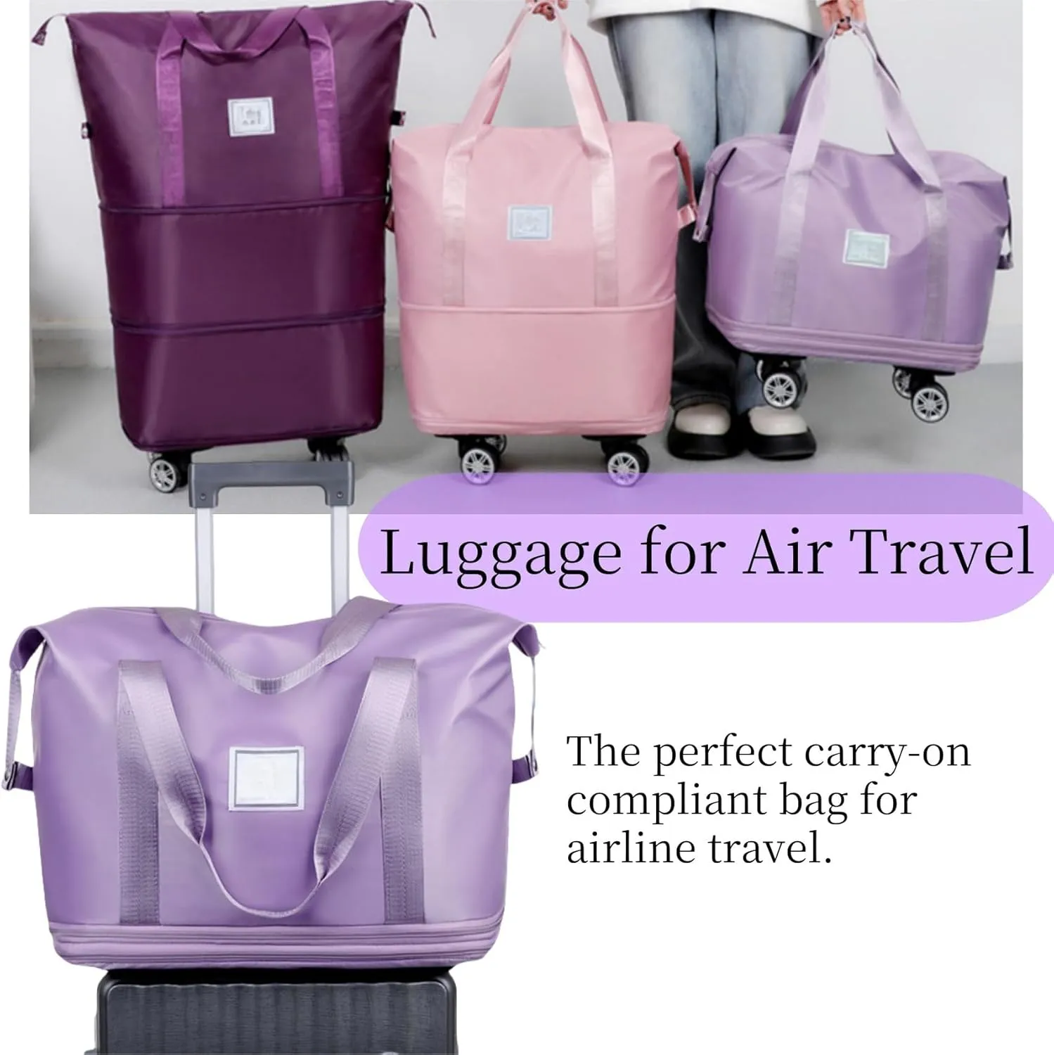 Beente Travel Bag With Wheels-2025 New Large Capacity Travel Bag-Universal Wheel Removable, Foldable Carry (Light Purple)