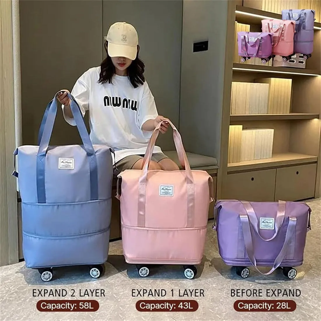 Beente Travel Bag With Wheels, Expandable Duffel 2025 New Large Capacity Travel Bag - Universal Wheel Removable (Blue,No wheels)