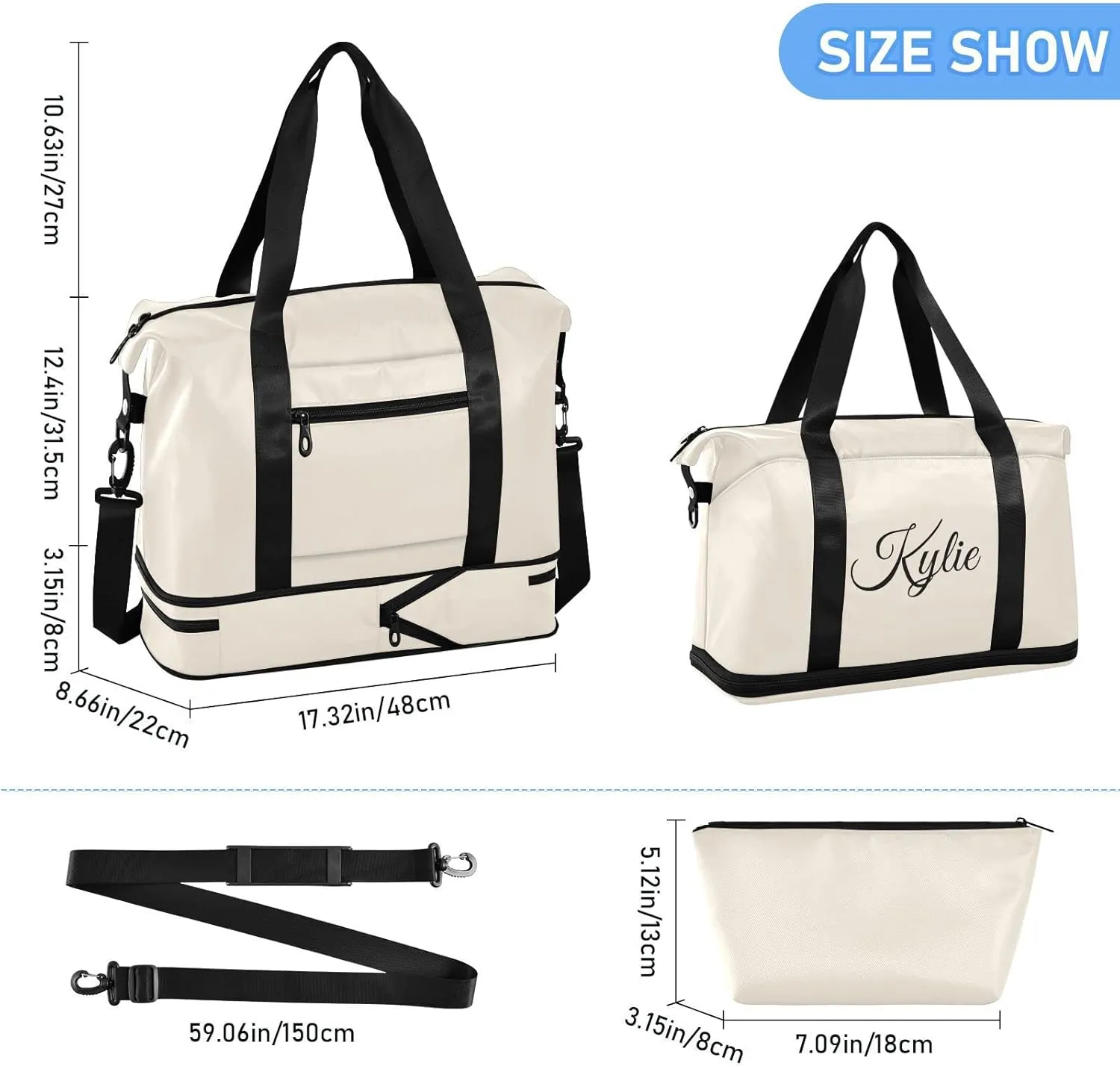 Beige Custom Gym Duffel With Shoe Compartment - Personalized Weekender Carry On for Women Men Travel Yoga School Sport - Gift