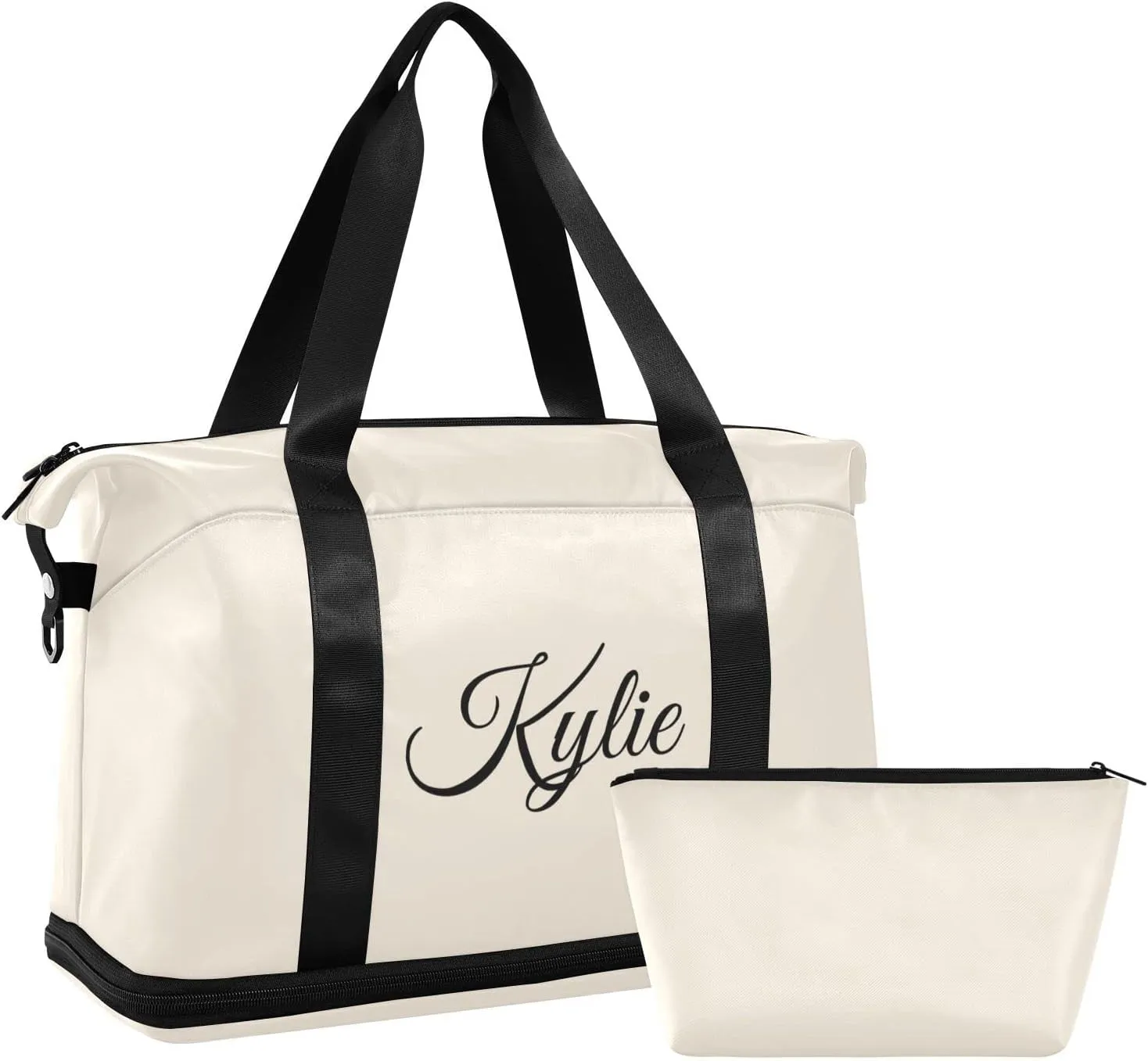 Beige Custom Gym Duffel With Shoe Compartment - Personalized Weekender Carry On for Women Men Travel Yoga School Sport - Gift