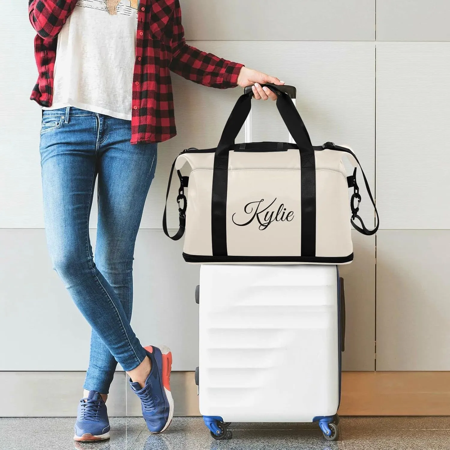 Beige Custom Gym Duffel With Shoe Compartment - Personalized Weekender Carry On for Women Men Travel Yoga School Sport - Gift