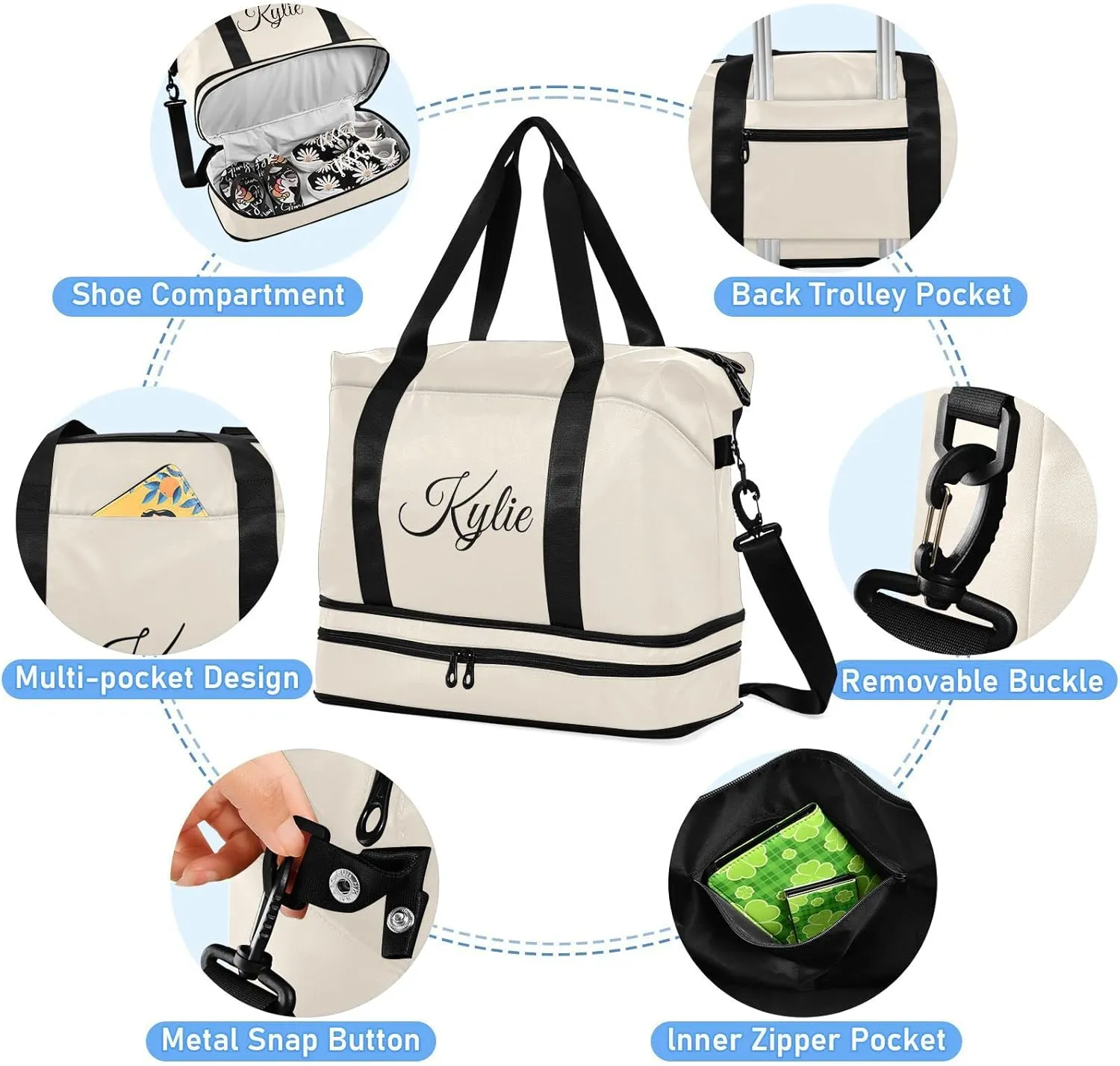 Beige Custom Gym Duffel With Shoe Compartment - Personalized Weekender Carry On for Women Men Travel Yoga School Sport - Gift