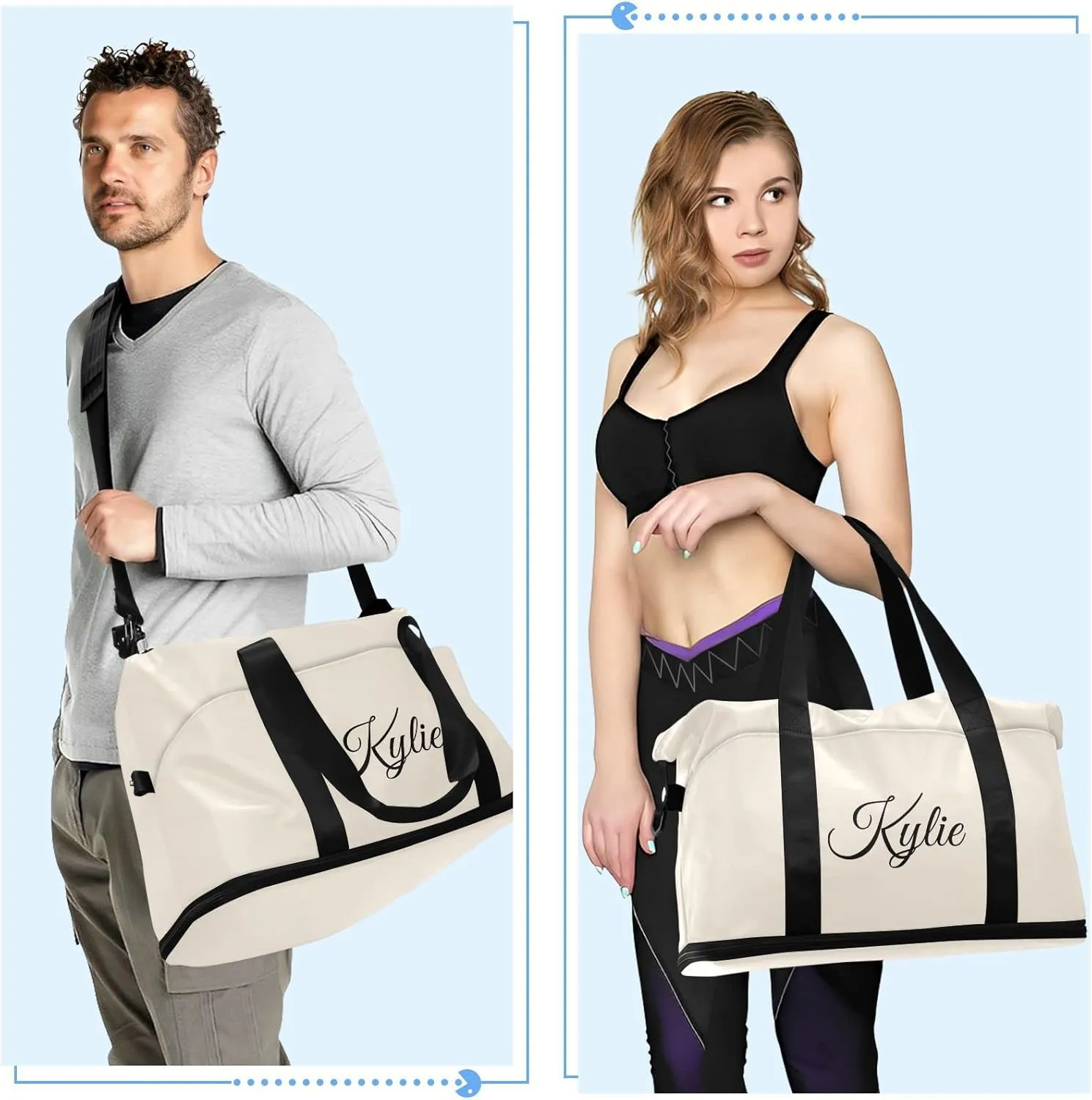 Beige Custom Gym Duffel With Shoe Compartment - Personalized Weekender Carry On for Women Men Travel Yoga School Sport - Gift