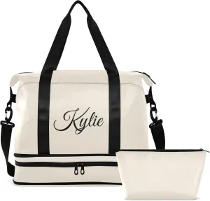Beige Custom Gym Duffel With Shoe Compartment - Personalized Weekender Carry On for Women Men Travel Yoga School Sport - Gift