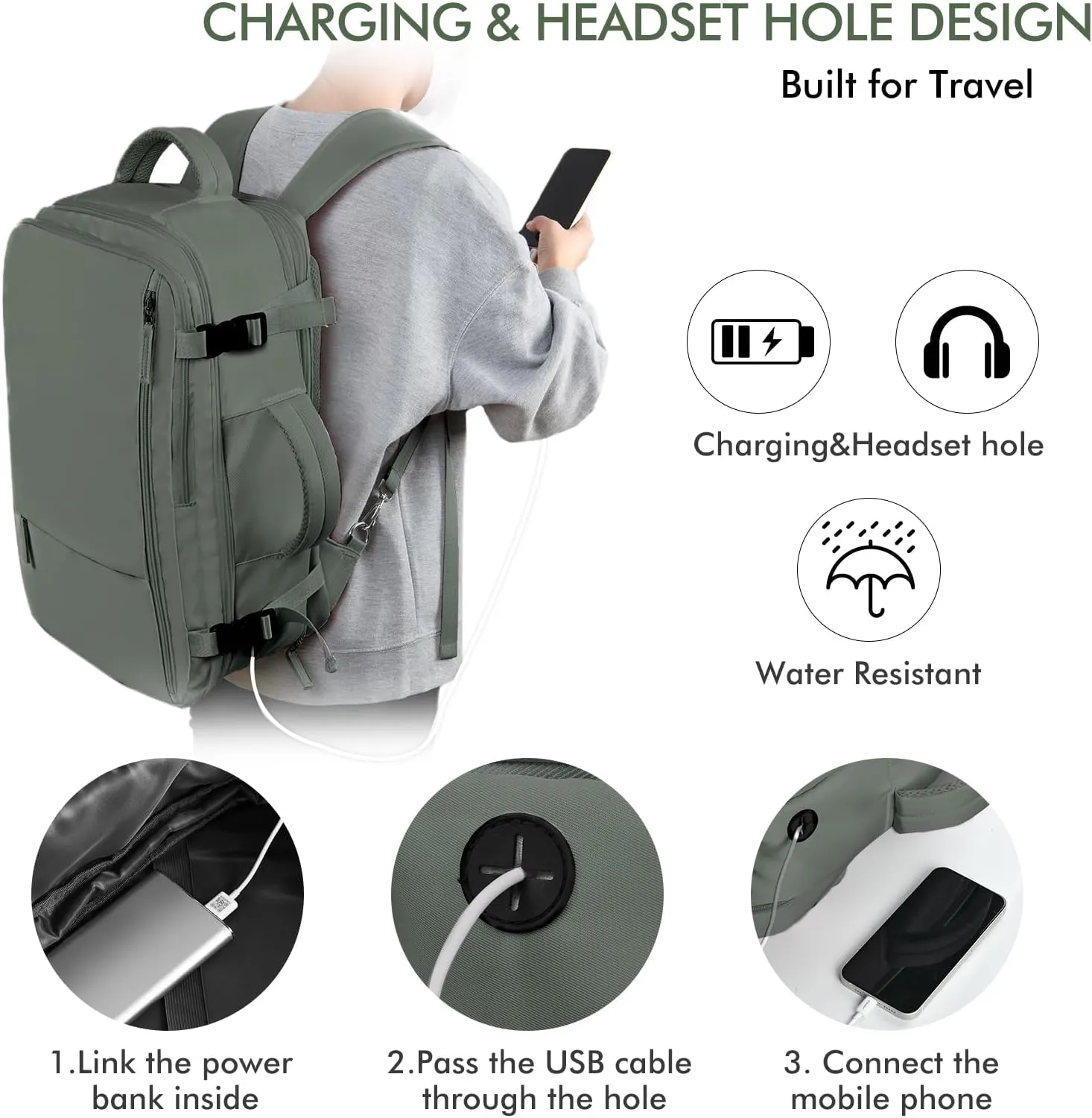Beraliy Travel Backpack for Men Women, Airline Approved Personal Bag,17.3 Inch Laptop Backpack, Carry On Backpack for Hiking Overnight with USB Charging Hole, Olive-green
