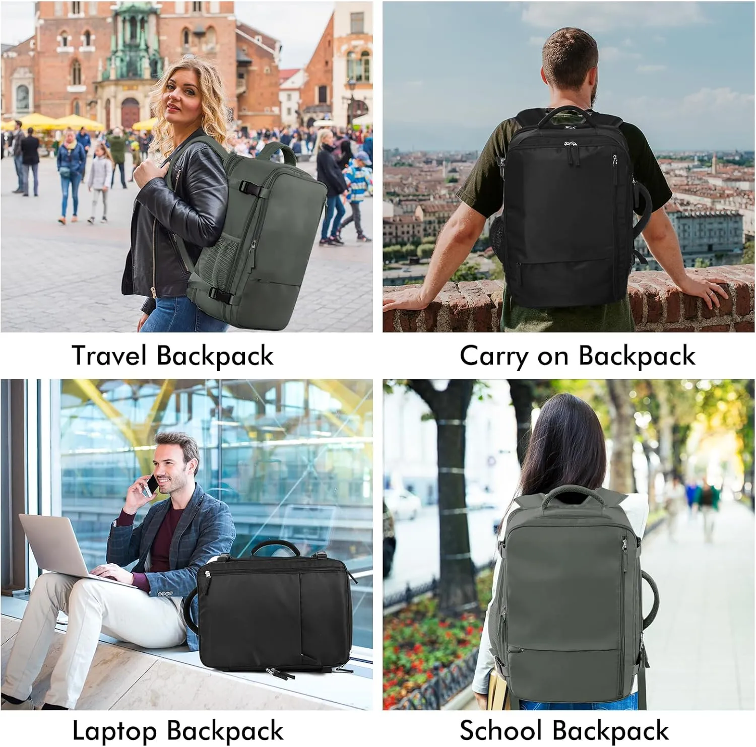 Beraliy Travel Backpack for Men Women, Airline Approved Personal Bag,17.3 Inch Laptop Backpack, Carry On Backpack for Hiking Overnight with USB Charging Hole, Olive-green