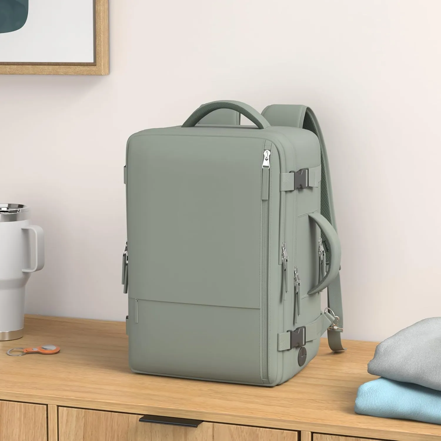 Beraliy Travel Backpack for Men Women, Airline Approved Personal Bag,17.3 Inch Laptop Backpack, Carry On Backpack for Hiking Overnight with USB Charging Hole, Olive-green