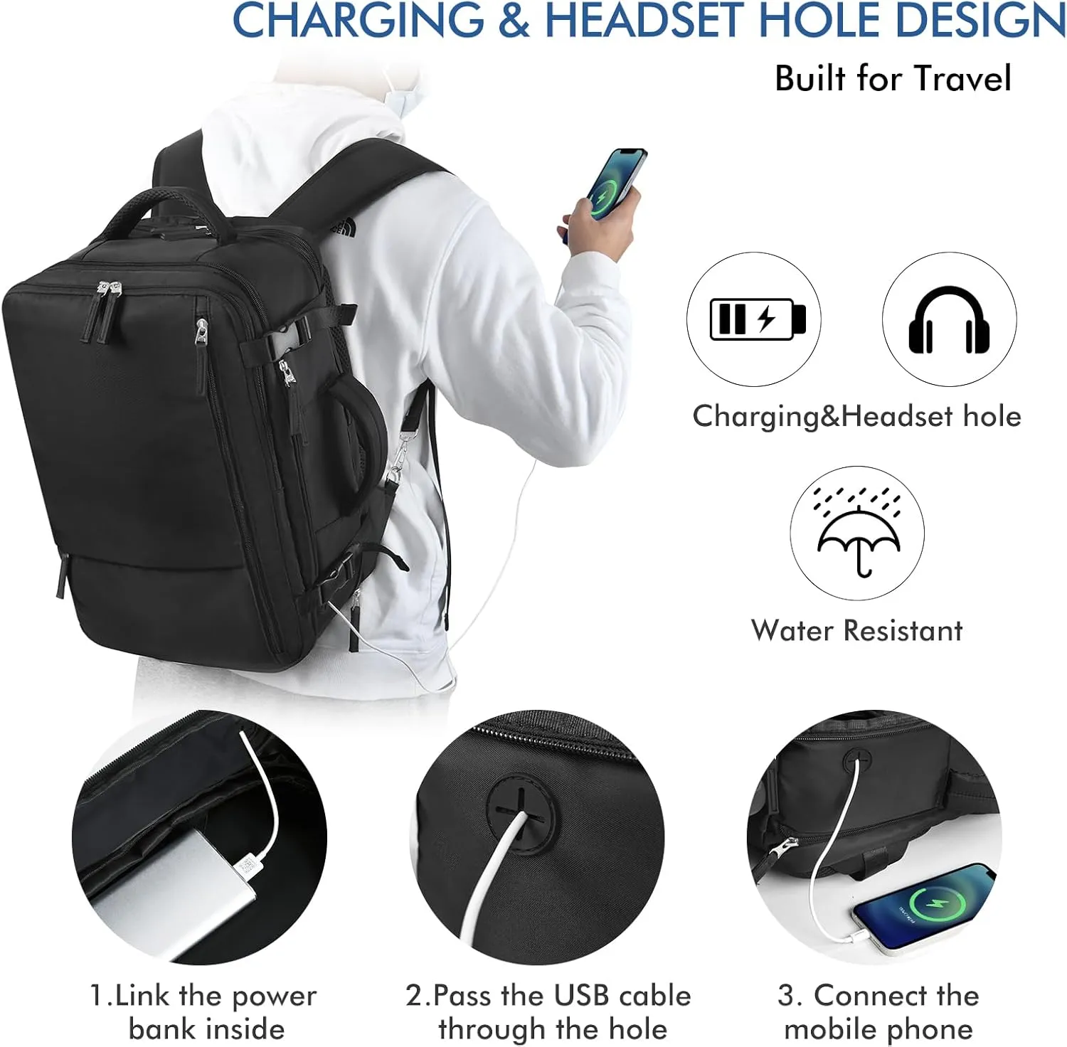 Beraliy Travel Backpack for Men Women, Large Carry On Backpack, Personal Item Bag Airline Approved, 17 inch Laptop Backpack, Business Work Gym Weekender Bag, Black
