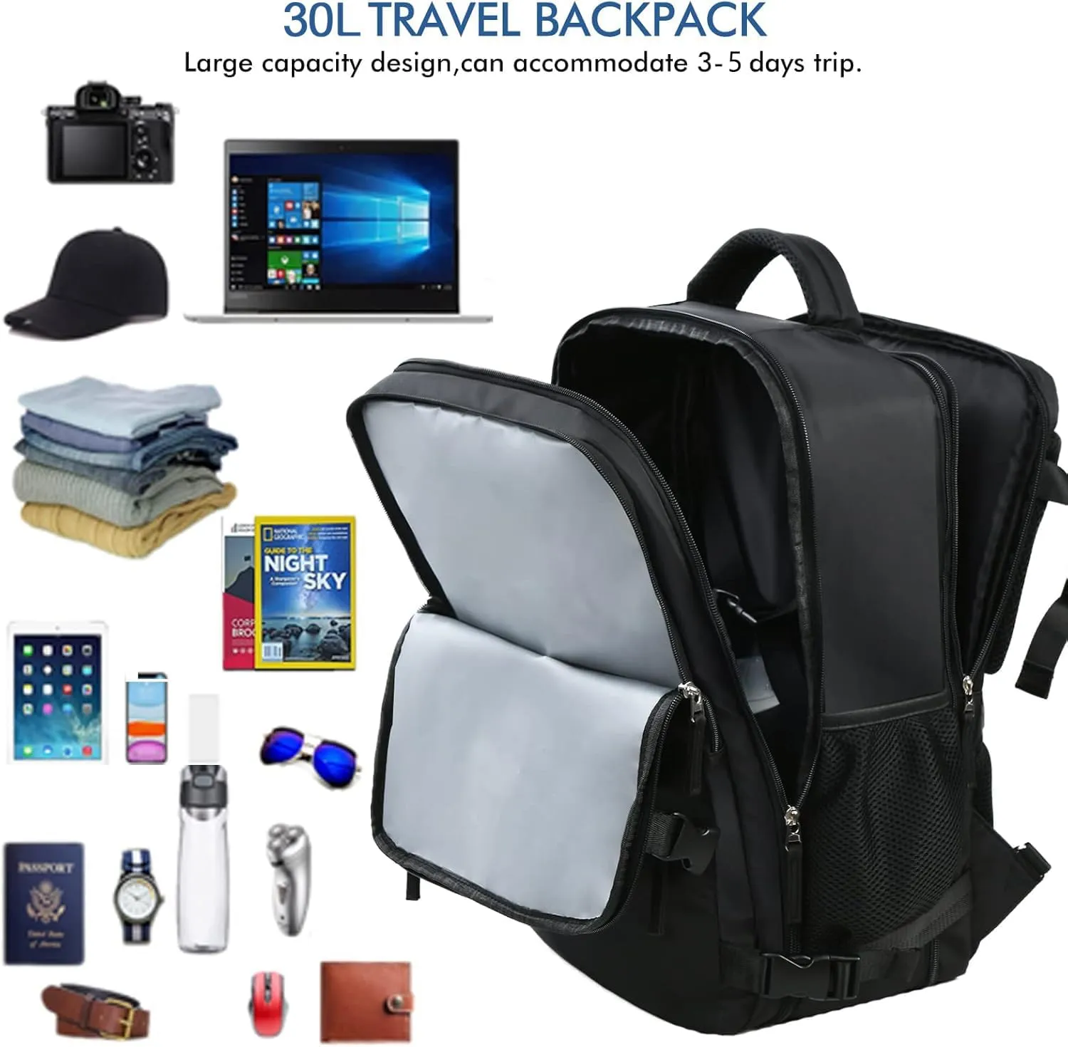 Beraliy Travel Backpack for Men Women, Large Carry On Backpack, Personal Item Bag Airline Approved, 17 inch Laptop Backpack, Business Work Gym Weekender Bag, Black