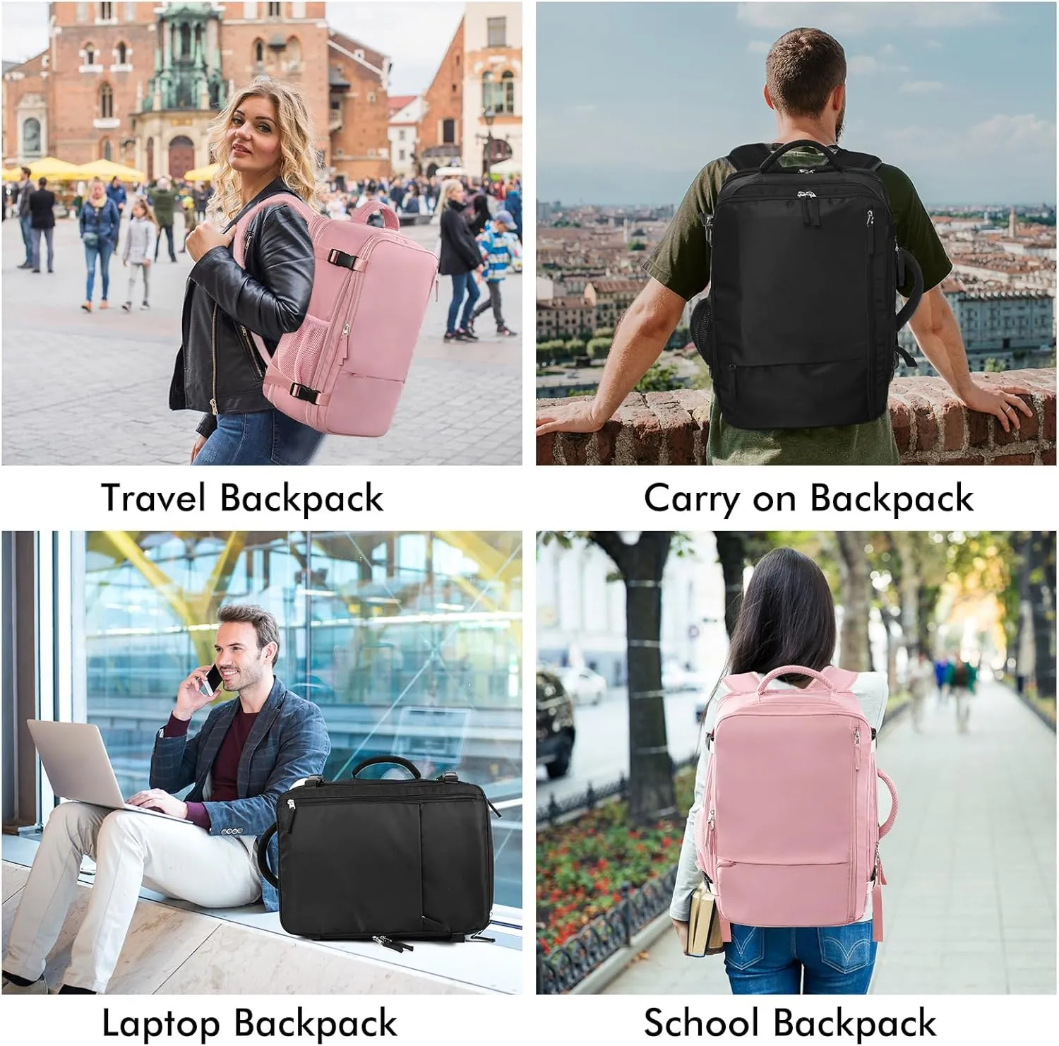 Beraliy Travel Backpack for Men Women, Large Carry On Backpack, Personal Item Bag Airline Approved, 17 inch Laptop Backpack, Business Work Gym Weekender Bag, Black