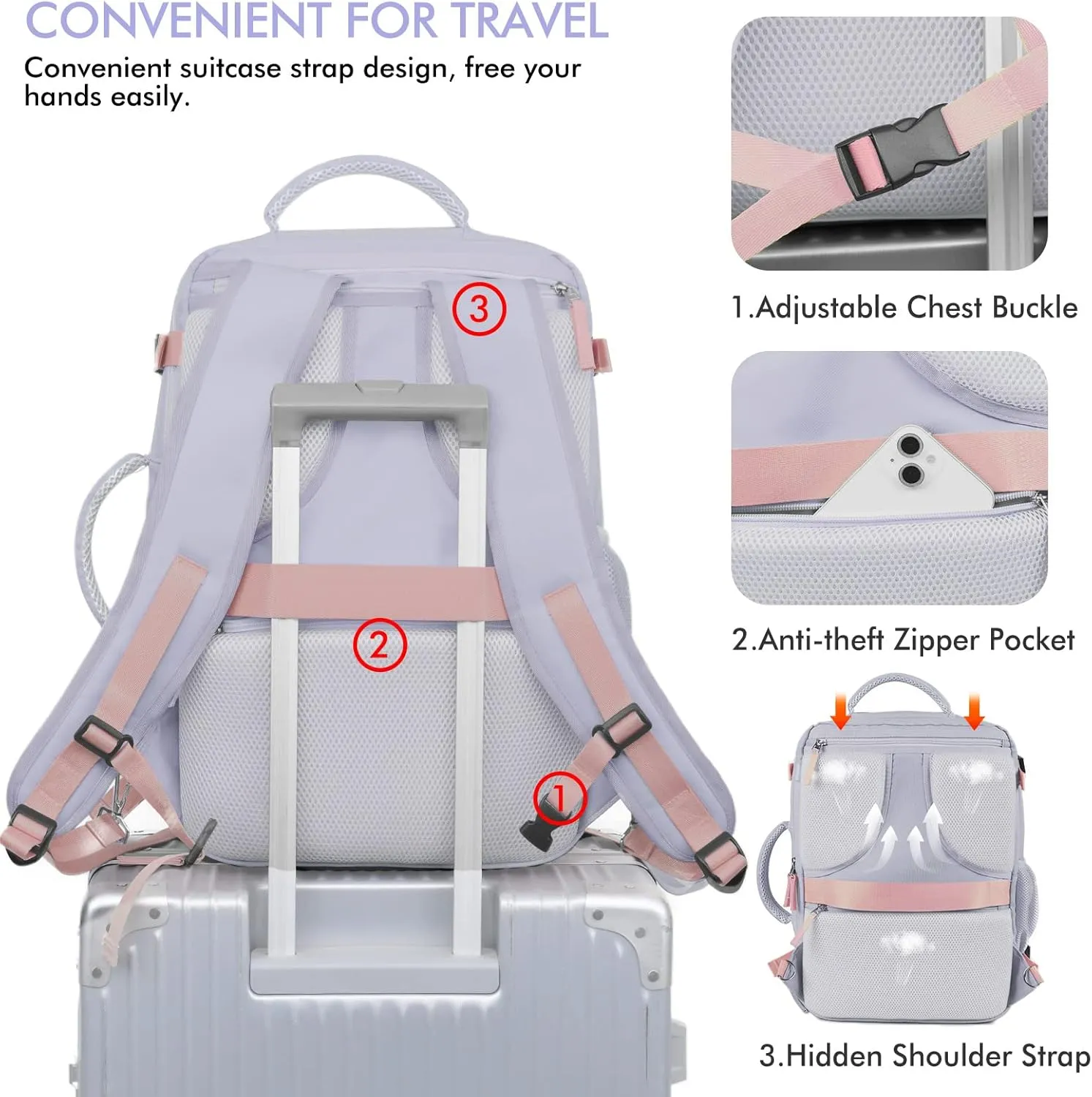 Beraliy Travel Backpack for Women, Airline Approved Backpack, Carry On Backpack,17.3 Inch Laptop Backpack,Personal Item Bag for College Weekender Business Hiking, Purple