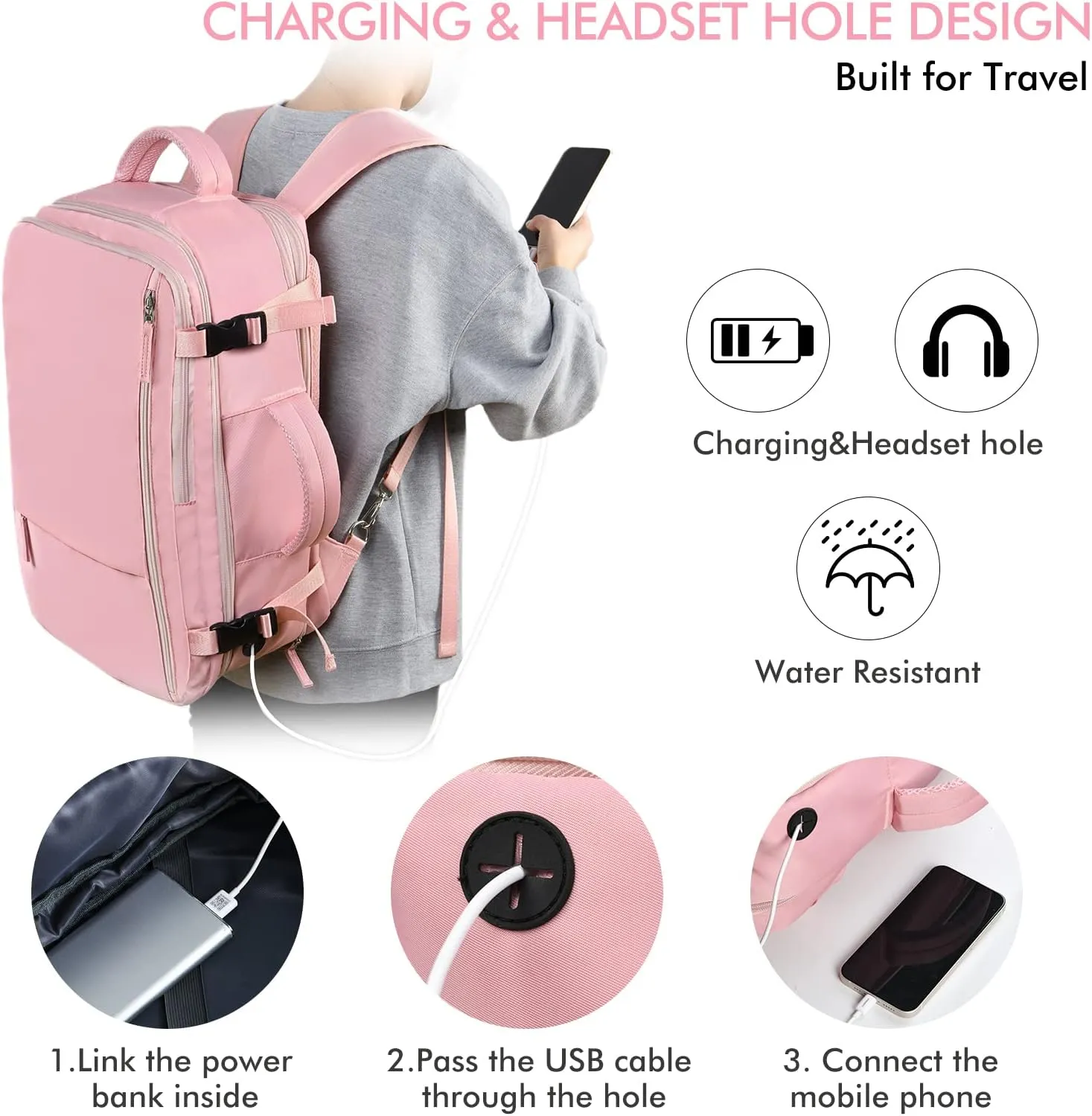 Beraliy Travel Backpack for Women, Airline Approved Bag, Carry On Waterproof Hiking Backpack, 16 inch Laptop Backpack, Overnight Bag, Pink