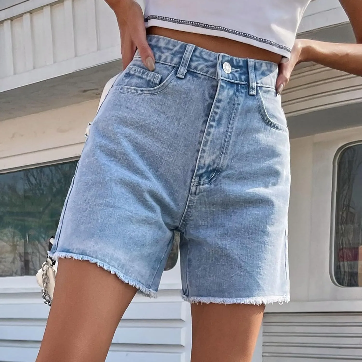 Bermuda Jean Shorts for Women High Waisted Trendy Stretchy Long Denim Shorts Straight Leg Cutoff Casual Pants w/Pocket