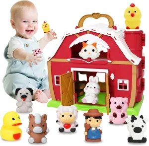 Big Red Barn Toy Farm Animal Finger Puppets for 1 2 3 4 5 Years Old, Pretend Farm Playset with Barn & Farmer, Preschool Montessori Learning Toys, Birthday Gift for Toddlers Boys Girls