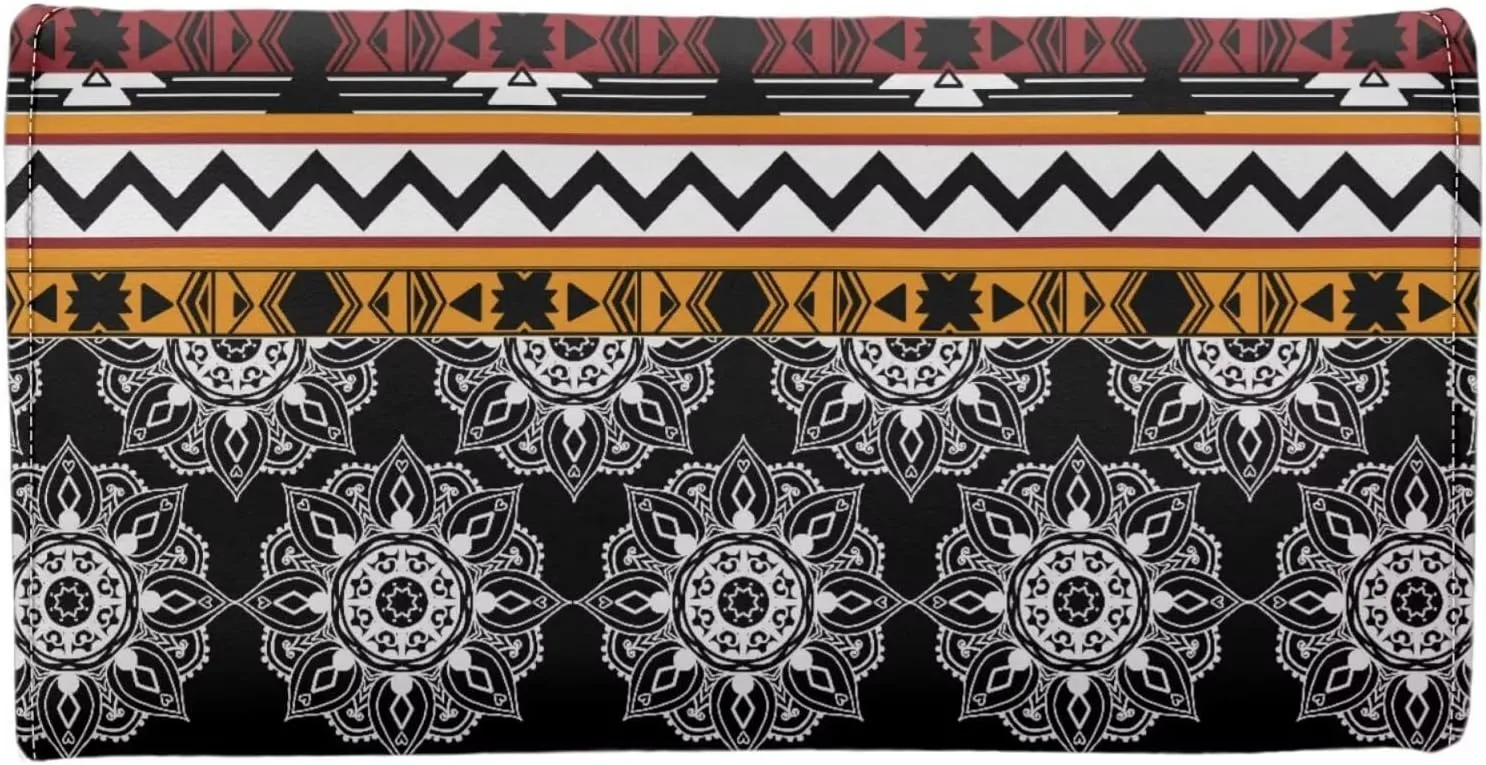 Binienty Women's Leather Trifold Wallet Aztec Mandala Card Slots Card Holder Long Clutch Purse Checkbook Wallets for Ladies Women Holiday Gifts for Her