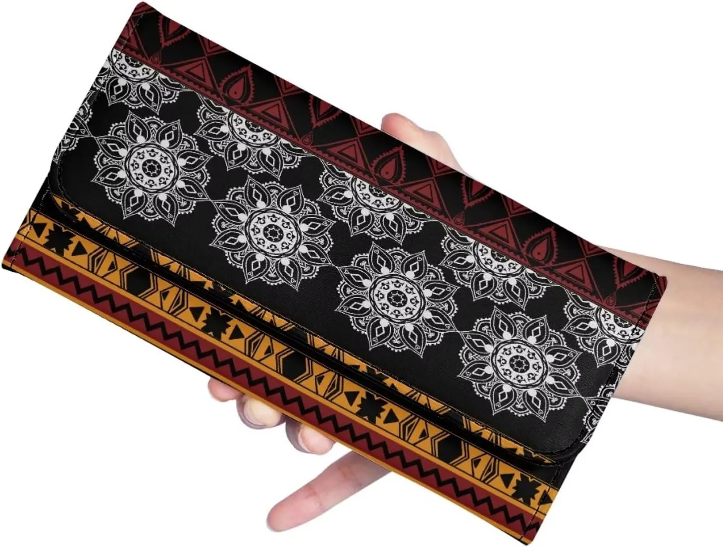 Binienty Women's Leather Trifold Wallet Aztec Mandala Card Slots Card Holder Long Clutch Purse Checkbook Wallets for Ladies Women Holiday Gifts for Her