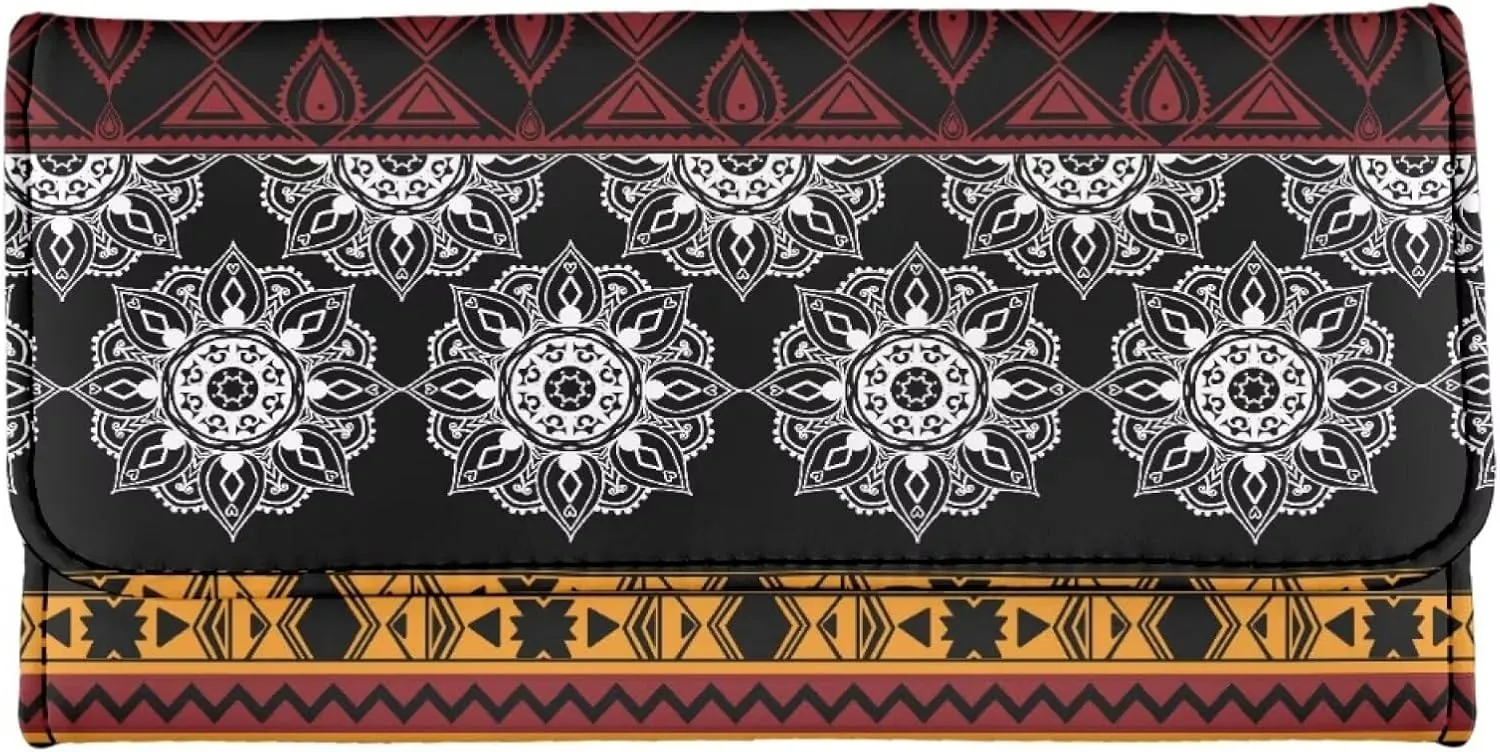 Binienty Women's Leather Trifold Wallet Aztec Mandala Card Slots Card Holder Long Clutch Purse Checkbook Wallets for Ladies Women Holiday Gifts for Her