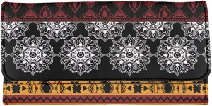 Binienty Women's Leather Trifold Wallet Aztec Mandala Card Slots Card Holder Long Clutch Purse Checkbook Wallets for Ladies Women Holiday Gifts for Her
