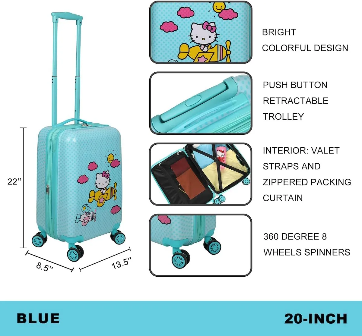 Bioworld Hello Kitty Airplane 20" Carry-On Luggage With Wheels And Retractable Handle