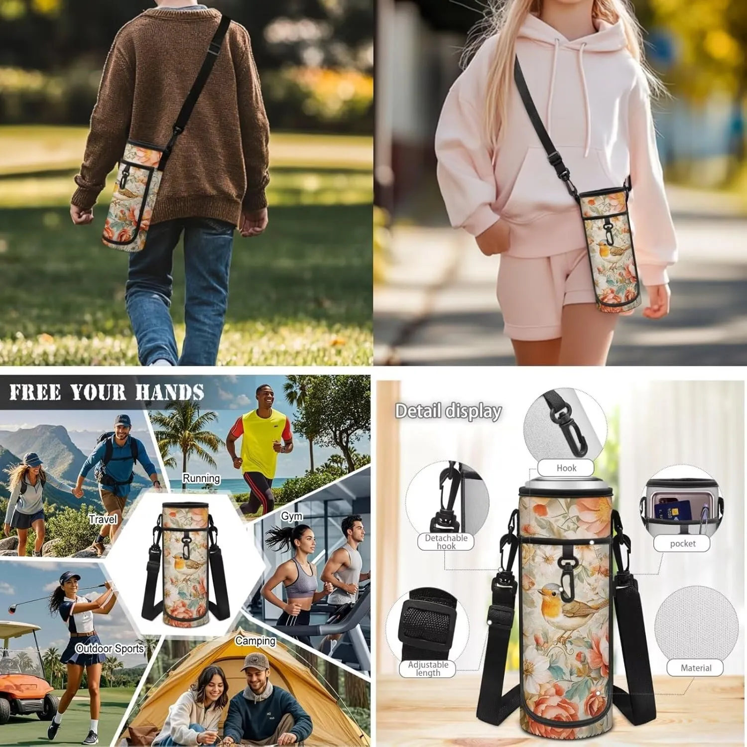 Biyejit Birds Flowers Kids Backpack Set with Lunch Box Pencil Case Water Bottle Sleeve for Girls Elementary Primary Schoolbag Set of 4 Satchel Rucksack Casual Shoulder Bag Daypack
