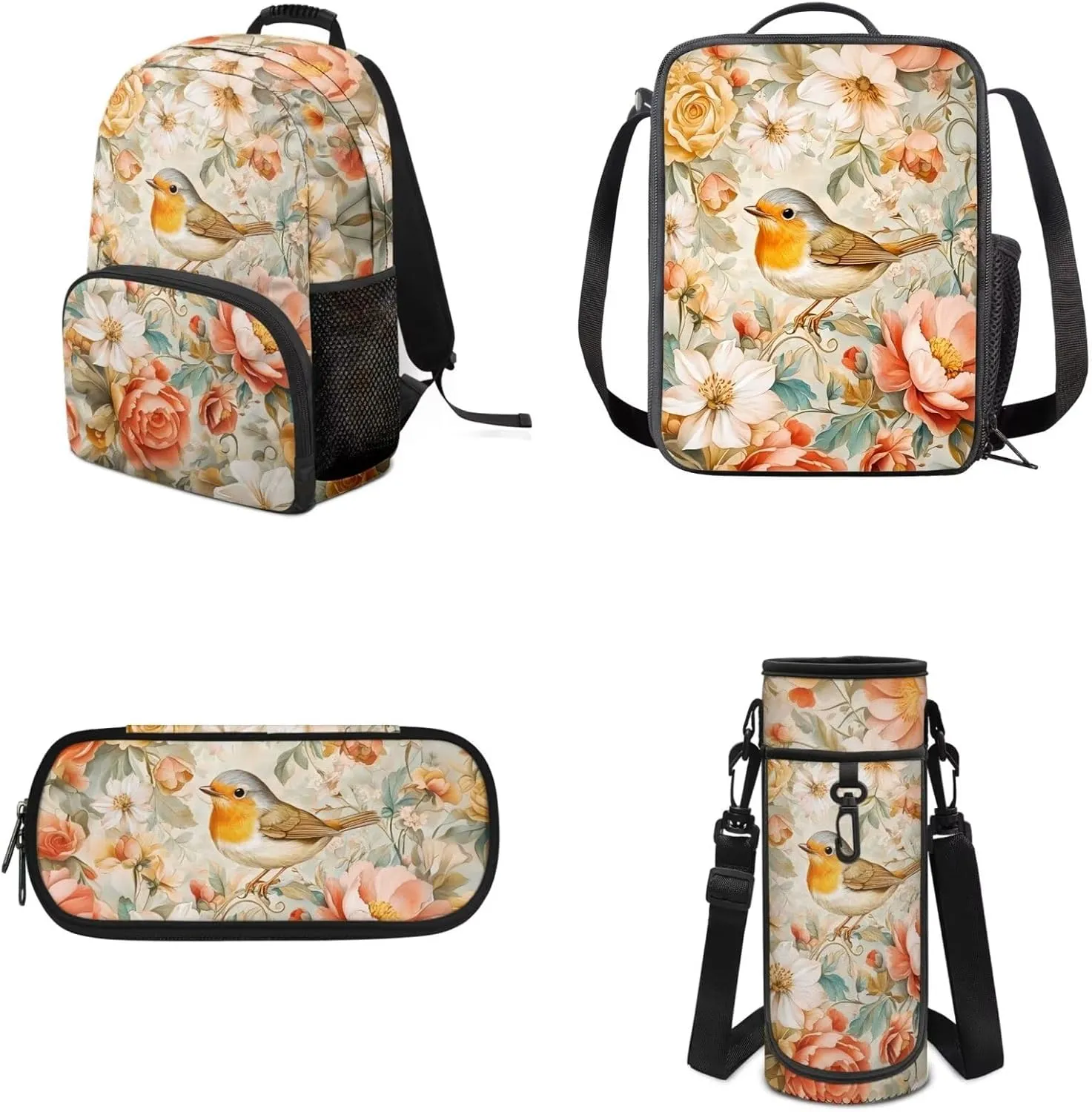 Biyejit Birds Flowers Kids Backpack Set with Lunch Box Pencil Case Water Bottle Sleeve for Girls Elementary Primary Schoolbag Set of 4 Satchel Rucksack Casual Shoulder Bag Daypack
