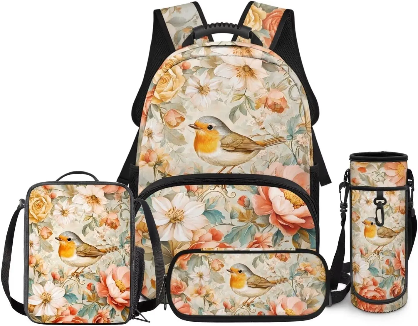 Biyejit Birds Flowers Kids Backpack Set with Lunch Box Pencil Case Water Bottle Sleeve for Girls Elementary Primary Schoolbag Set of 4 Satchel Rucksack Casual Shoulder Bag Daypack