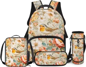 Biyejit Birds Flowers Kids Backpack Set with Lunch Box Pencil Case Water Bottle Sleeve for Girls Elementary Primary Schoolbag Set of 4 Satchel Rucksack Casual Shoulder Bag Daypack