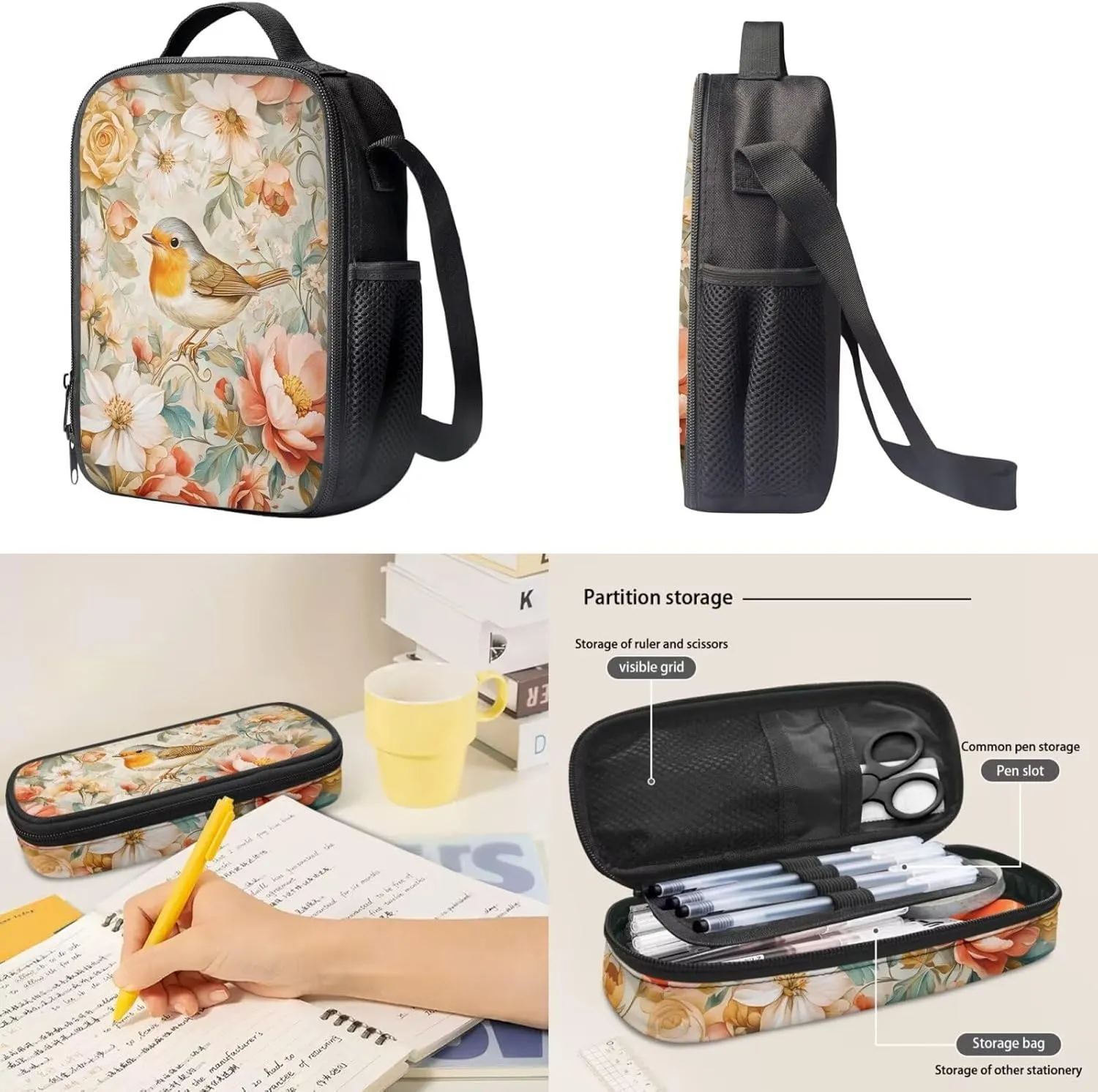 Biyejit Birds Flowers Kids Backpack Set with Lunch Box Pencil Case Water Bottle Sleeve for Girls Elementary Primary Schoolbag Set of 4 Satchel Rucksack Casual Shoulder Bag Daypack