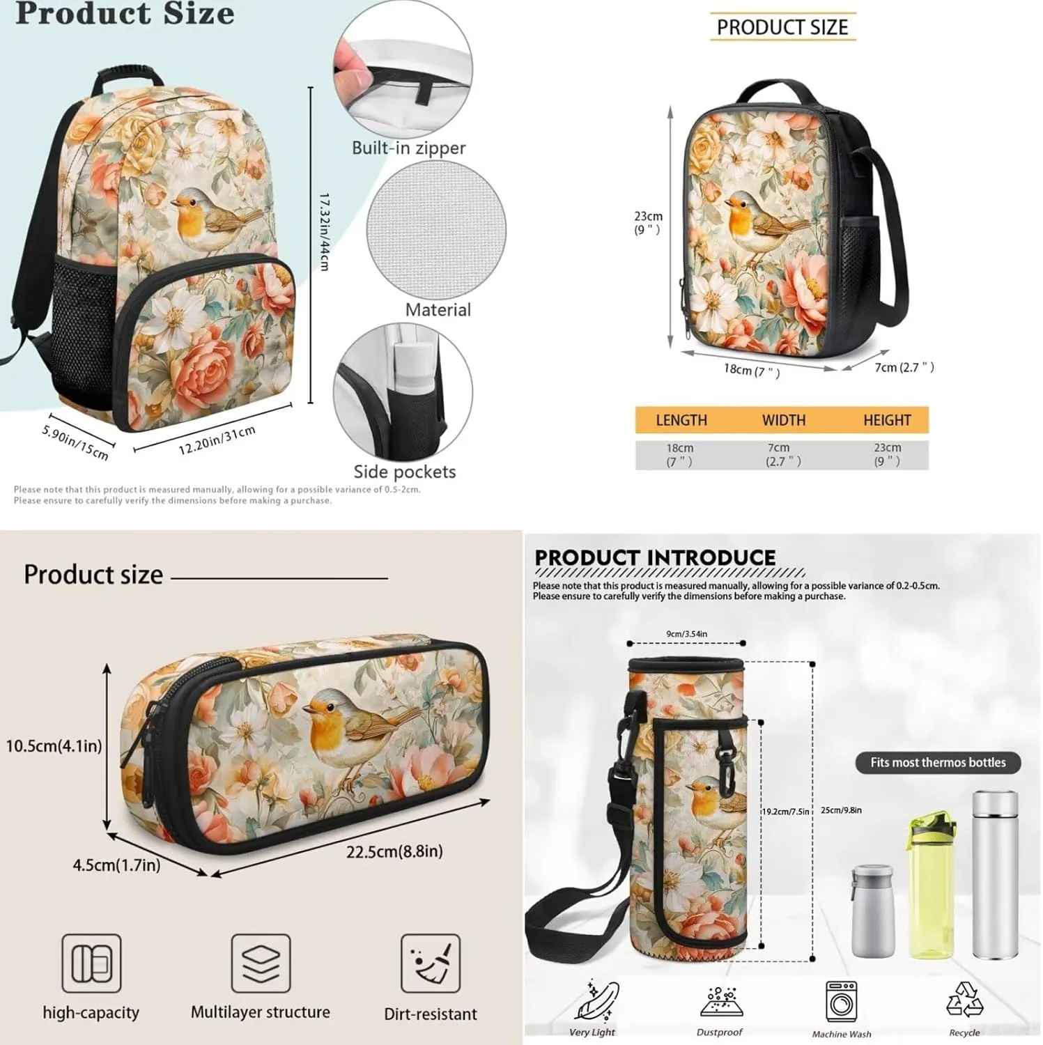 Biyejit Birds Flowers Kids Backpack Set with Lunch Box Pencil Case Water Bottle Sleeve for Girls Elementary Primary Schoolbag Set of 4 Satchel Rucksack Casual Shoulder Bag Daypack