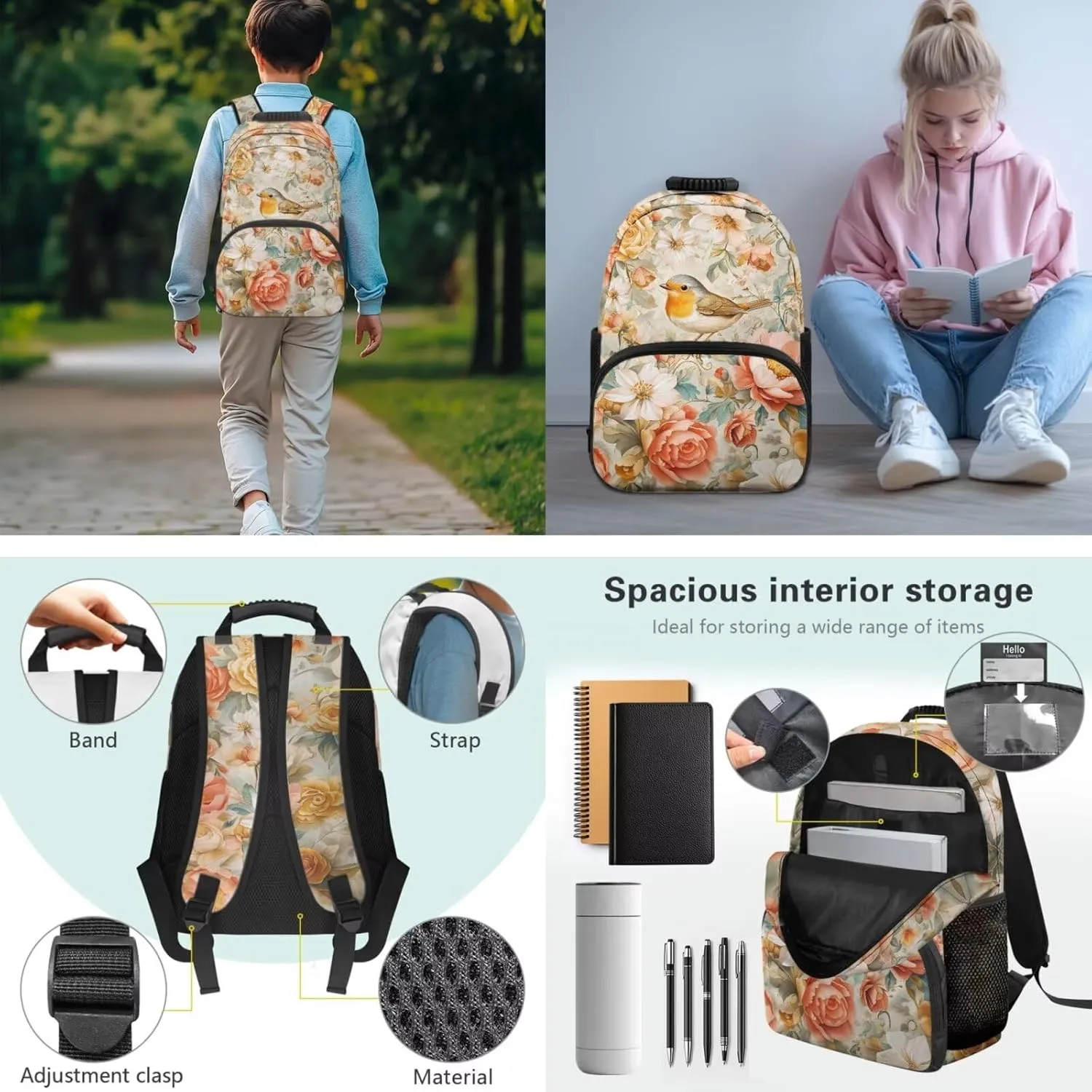 Biyejit Birds Flowers Kids Backpack Set with Lunch Box Pencil Case Water Bottle Sleeve for Girls Elementary Primary Schoolbag Set of 4 Satchel Rucksack Casual Shoulder Bag Daypack