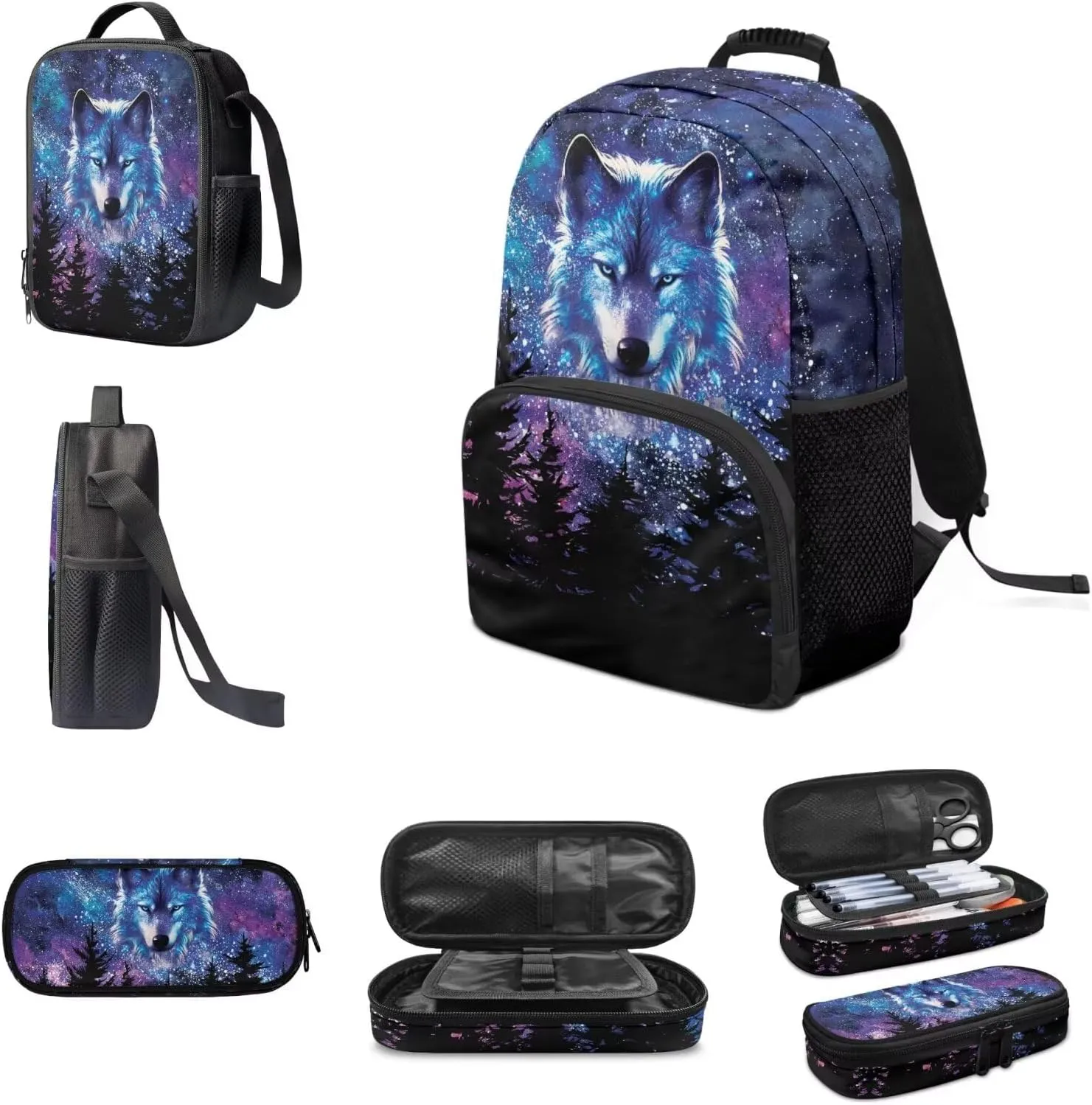 Biyejit Galaxy Wolf Forest Backpack for Boys Primary Middle School Bookbag Set with Lunch Box Pencil Case Kindergarten Kids Schoolbags Rucksack Daypack 3 In 1 Set
