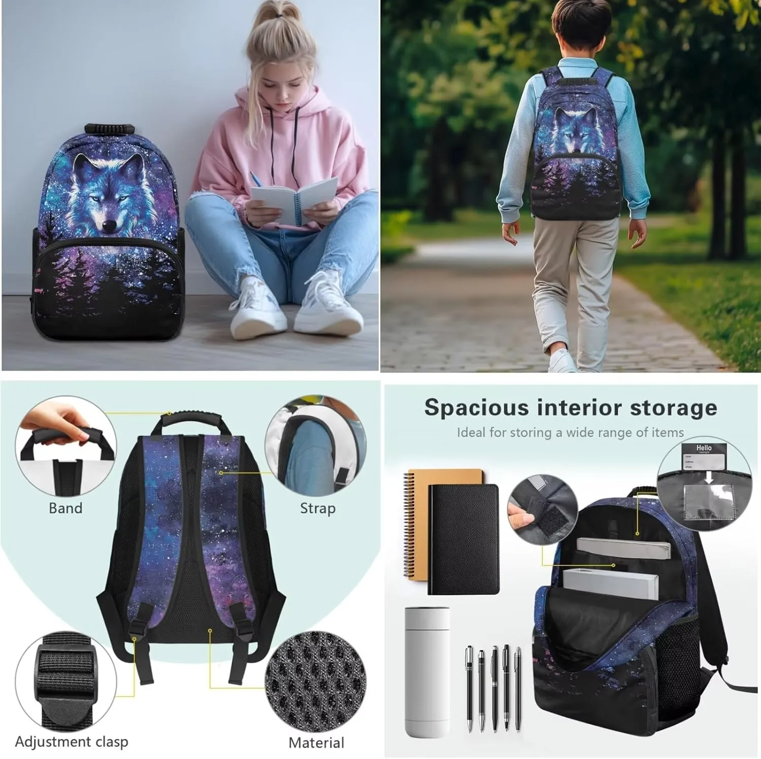Biyejit Galaxy Wolf Forest Backpack for Boys Primary Middle School Bookbag Set with Lunch Box Pencil Case Kindergarten Kids Schoolbags Rucksack Daypack 3 In 1 Set