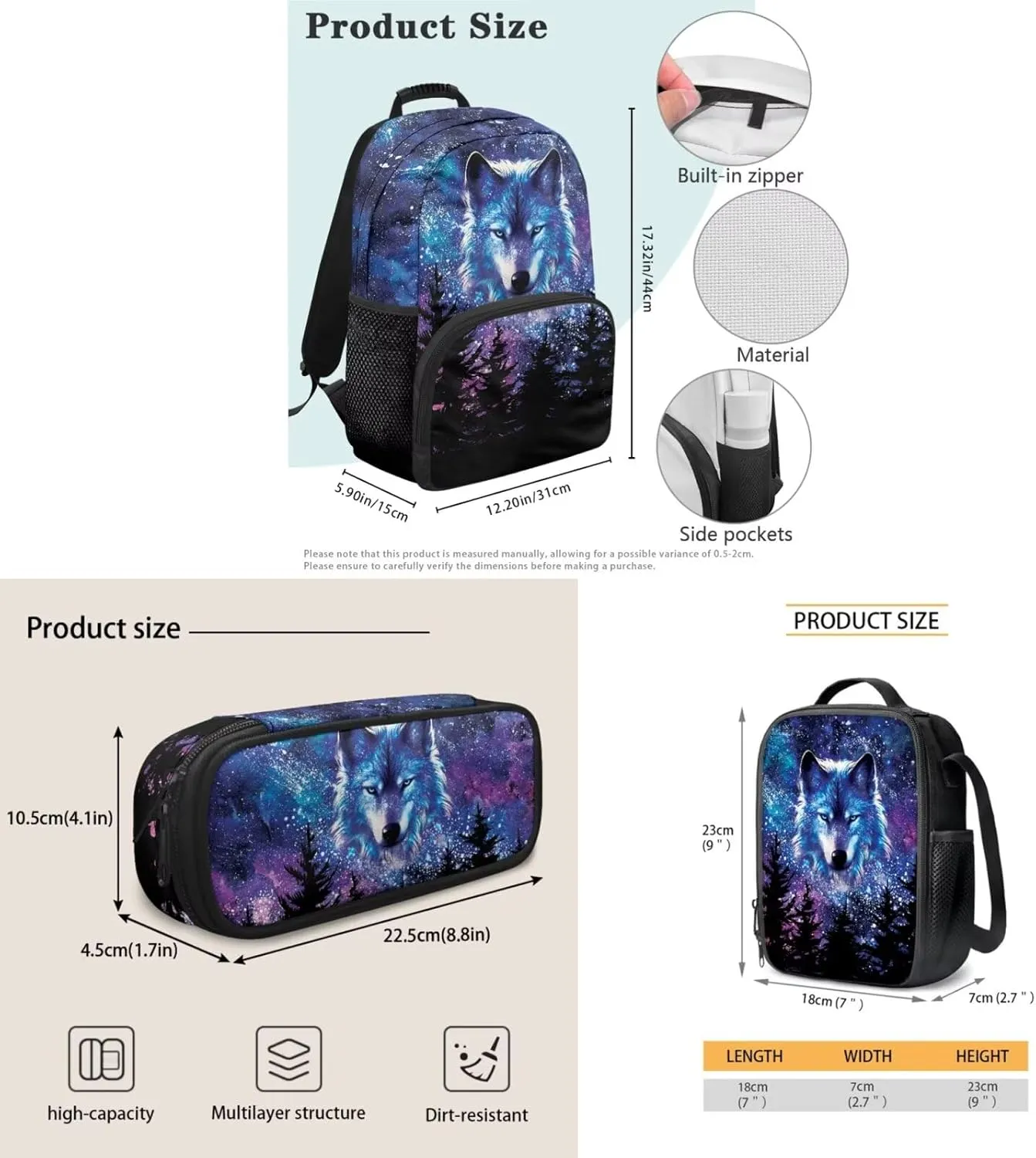Biyejit Galaxy Wolf Forest Backpack for Boys Primary Middle School Bookbag Set with Lunch Box Pencil Case Kindergarten Kids Schoolbags Rucksack Daypack 3 In 1 Set