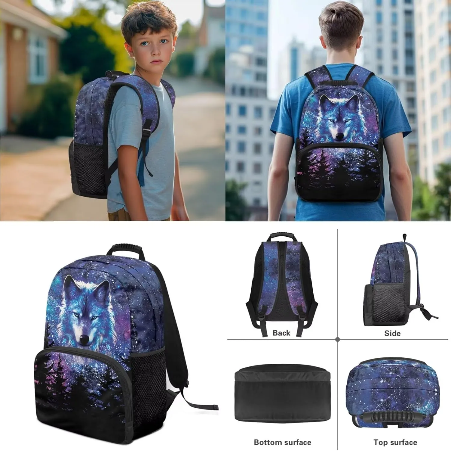 Biyejit Galaxy Wolf Forest Backpack for Boys Primary Middle School Bookbag Set with Lunch Box Pencil Case Kindergarten Kids Schoolbags Rucksack Daypack 3 In 1 Set