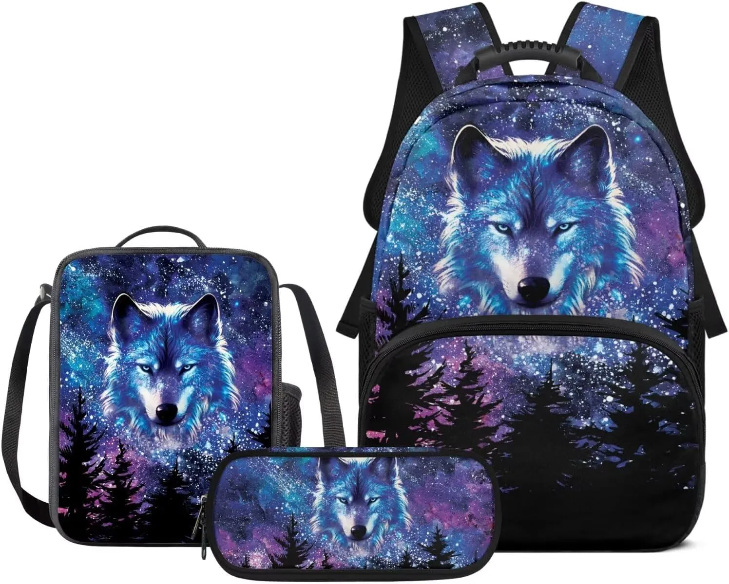 Biyejit Galaxy Wolf Forest Backpack for Boys Primary Middle School Bookbag Set with Lunch Box Pencil Case Kindergarten Kids Schoolbags Rucksack Daypack 3 In 1 Set
