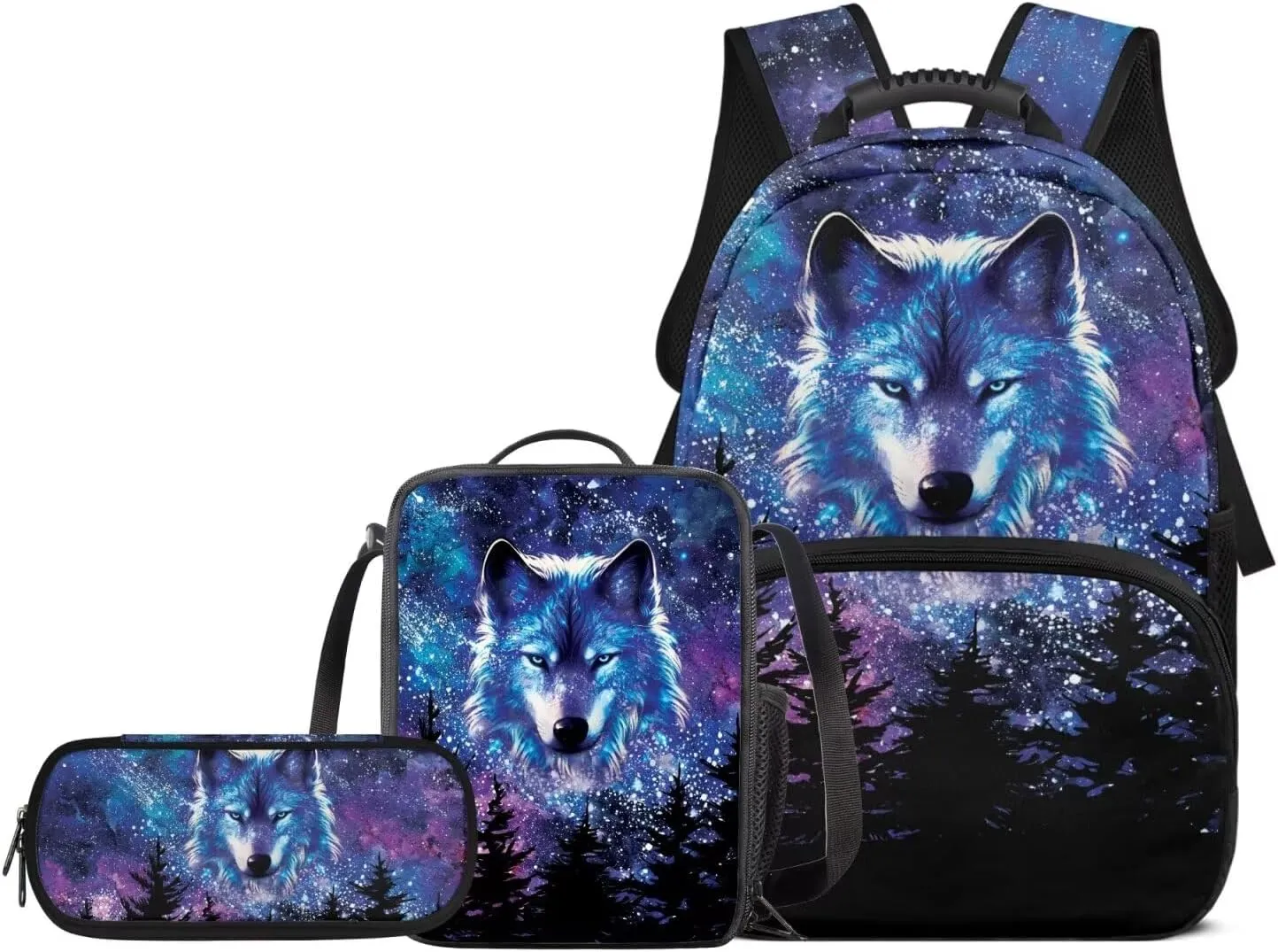 Biyejit Galaxy Wolf Forest Backpack for Boys Primary Middle School Bookbag Set with Lunch Box Pencil Case Kindergarten Kids Schoolbags Rucksack Daypack 3 In 1 Set