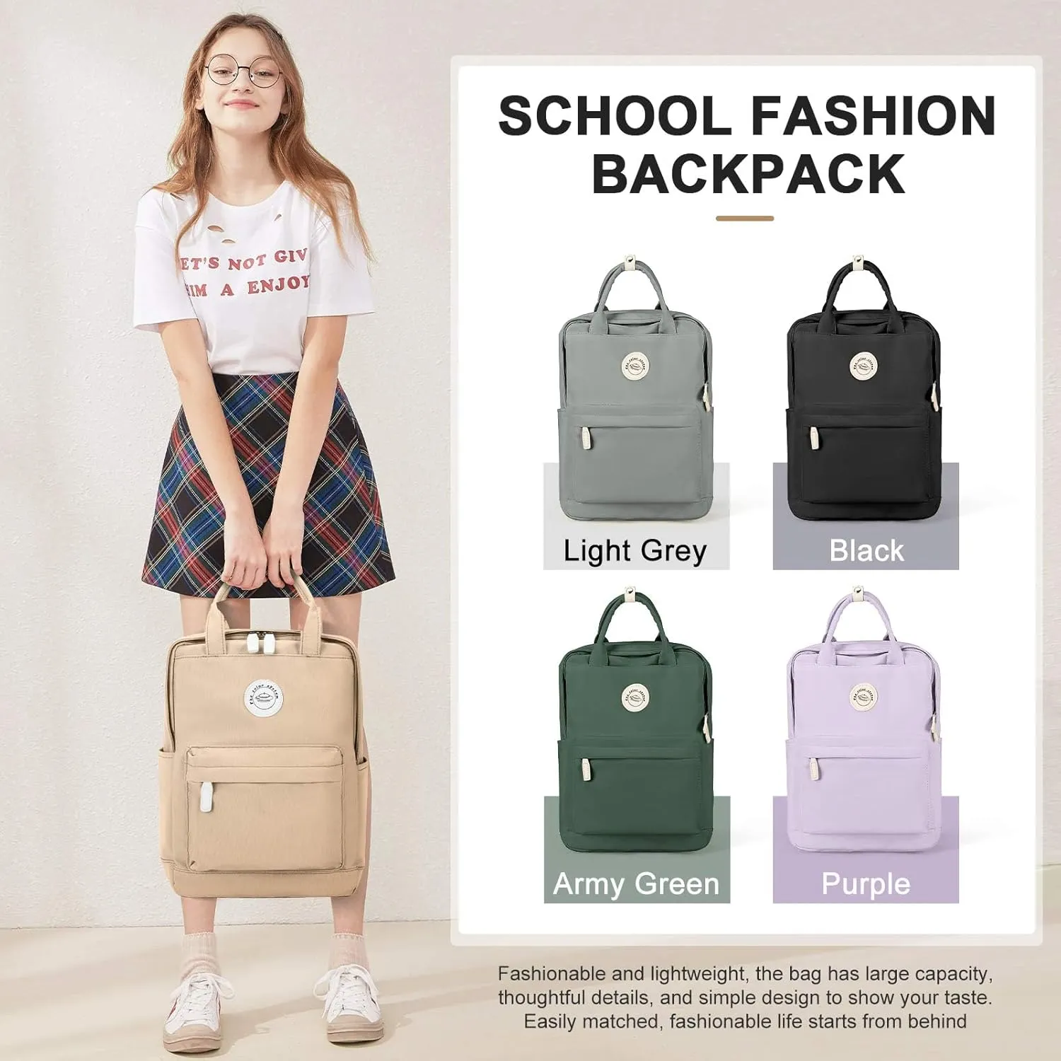 BJLFS Khaki School Backpack Women, Unisex Lightweight Backpack School Bag Water-resistant Casual Rucksack fits 14 inch Laptop for Boys Girls Men and Women Bookbag College Daypack for Teenage