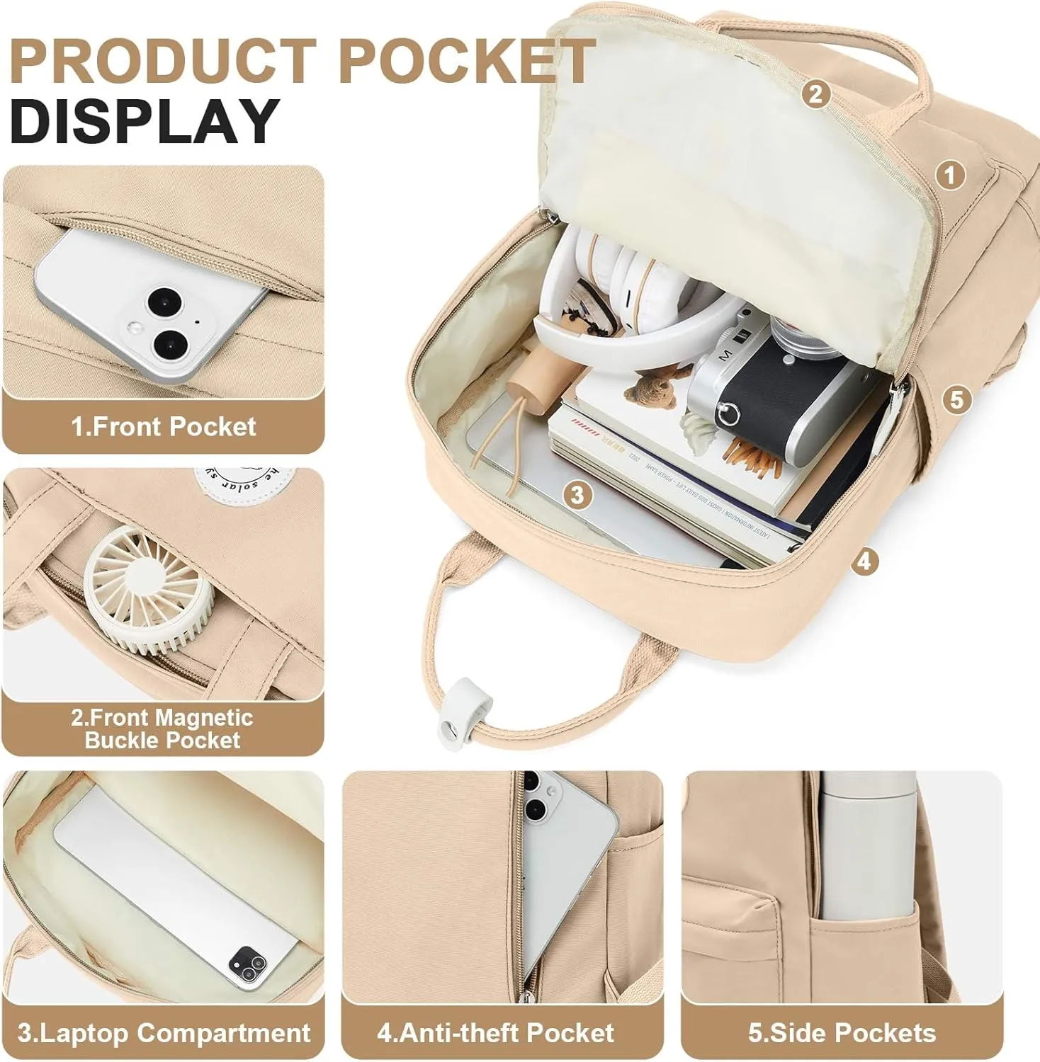 BJLFS Khaki School Backpack Women, Unisex Lightweight Backpack School Bag Water-resistant Casual Rucksack fits 14 inch Laptop for Boys Girls Men and Women Bookbag College Daypack for Teenage