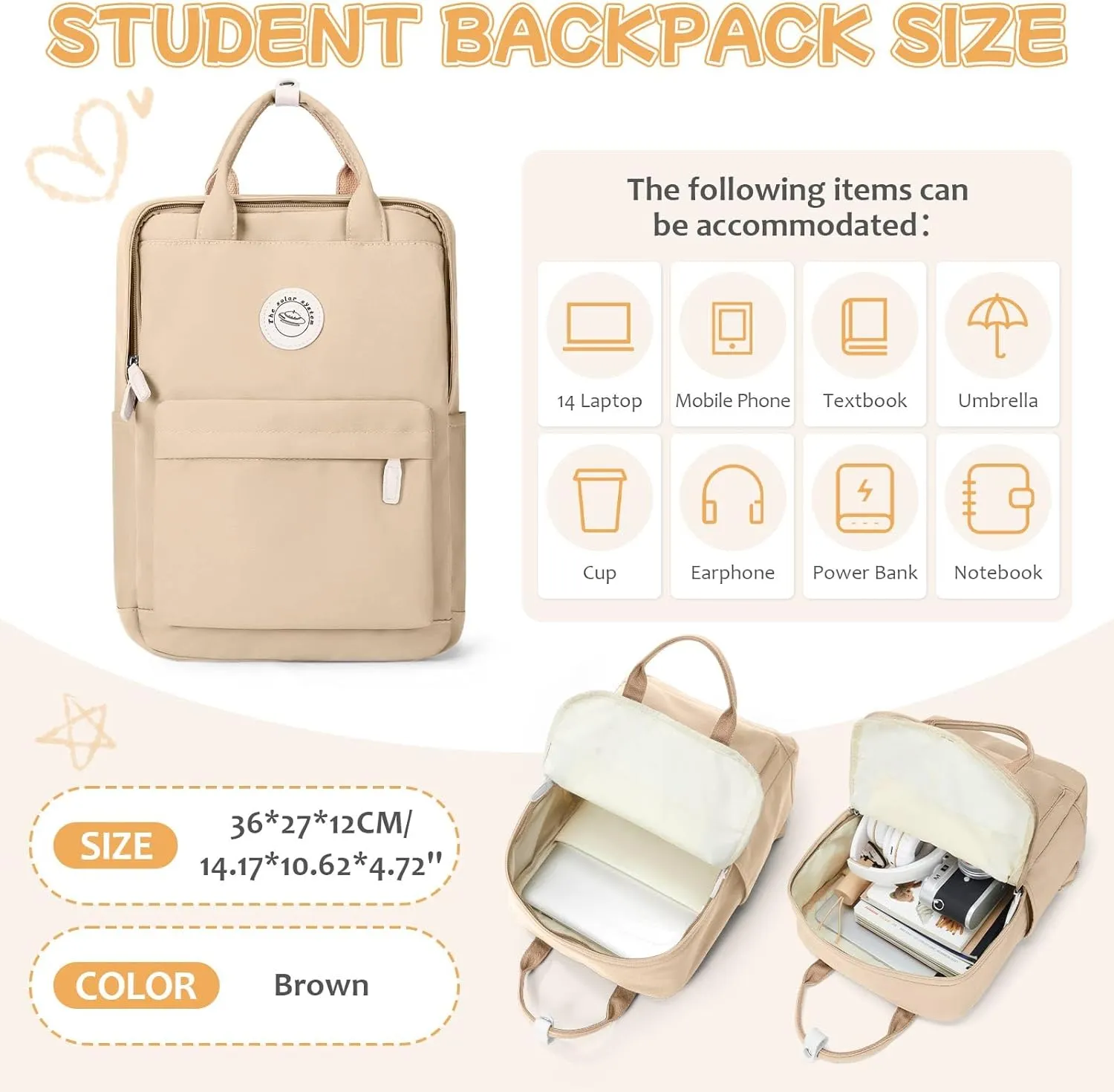 BJLFS Khaki School Backpack Women, Unisex Lightweight Backpack School Bag Water-resistant Casual Rucksack fits 14 inch Laptop for Boys Girls Men and Women Bookbag College Daypack for Teenage
