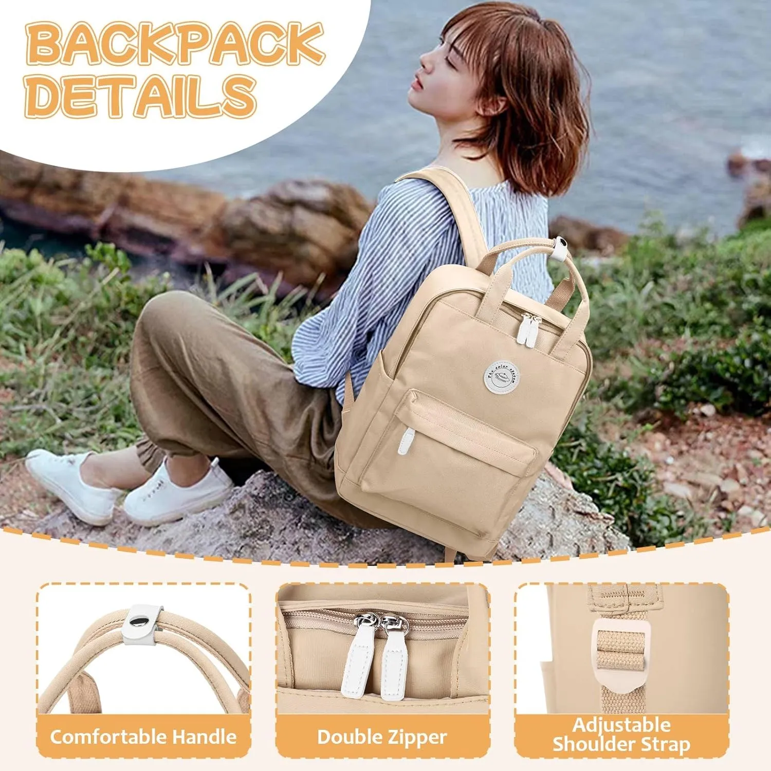 BJLFS Khaki School Backpack Women, Unisex Lightweight Backpack School Bag Water-resistant Casual Rucksack fits 14 inch Laptop for Boys Girls Men and Women Bookbag College Daypack for Teenage