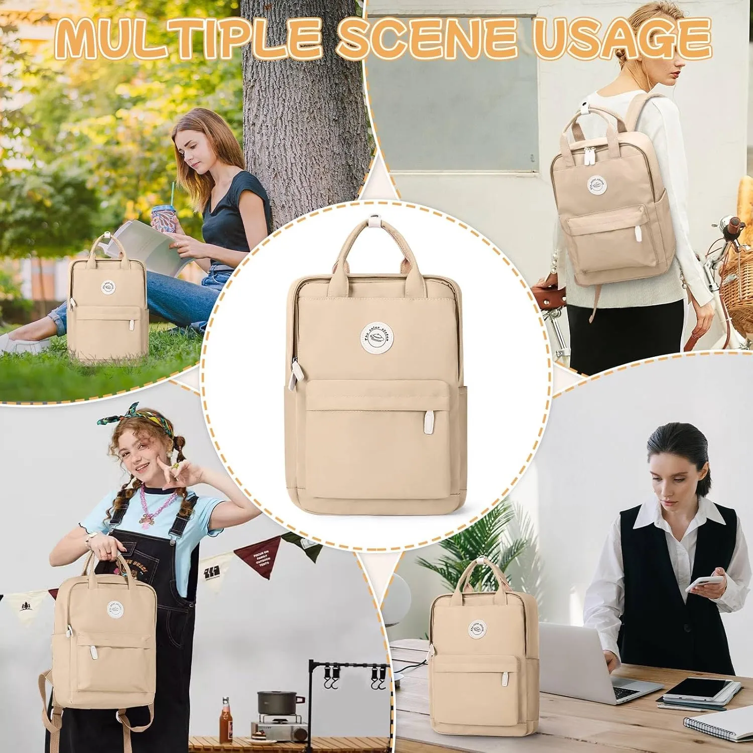 BJLFS Khaki School Backpack Women, Unisex Lightweight Backpack School Bag Water-resistant Casual Rucksack fits 14 inch Laptop for Boys Girls Men and Women Bookbag College Daypack for Teenage