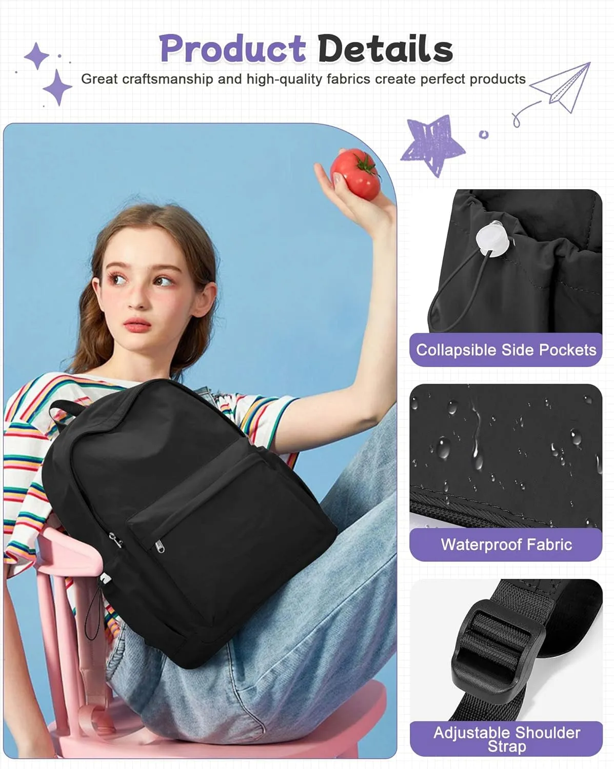 Black Backpack for School, High School Bookbag Back Pack for Teens Girls Boys, Lightweight College Backpack Book Bag for Women Men, Simple Casual Daypack Backpack Mochilas Escolares para Adolescentes