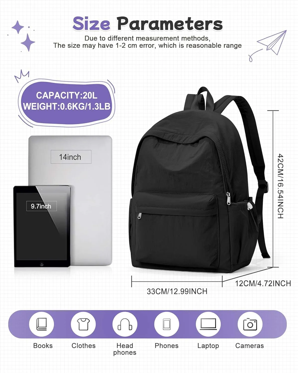 Black Backpack for School, High School Bookbag Back Pack for Teens Girls Boys, Lightweight College Backpack Book Bag for Women Men, Simple Casual Daypack Backpack Mochilas Escolares para Adolescentes